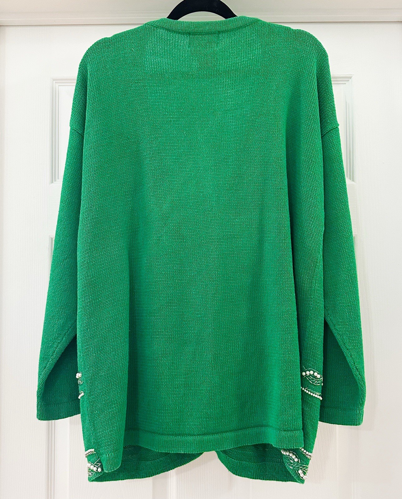 Cervelle Vintage Beaded Pearl Embellished V Neck Cardigan Sweater Kelly Green