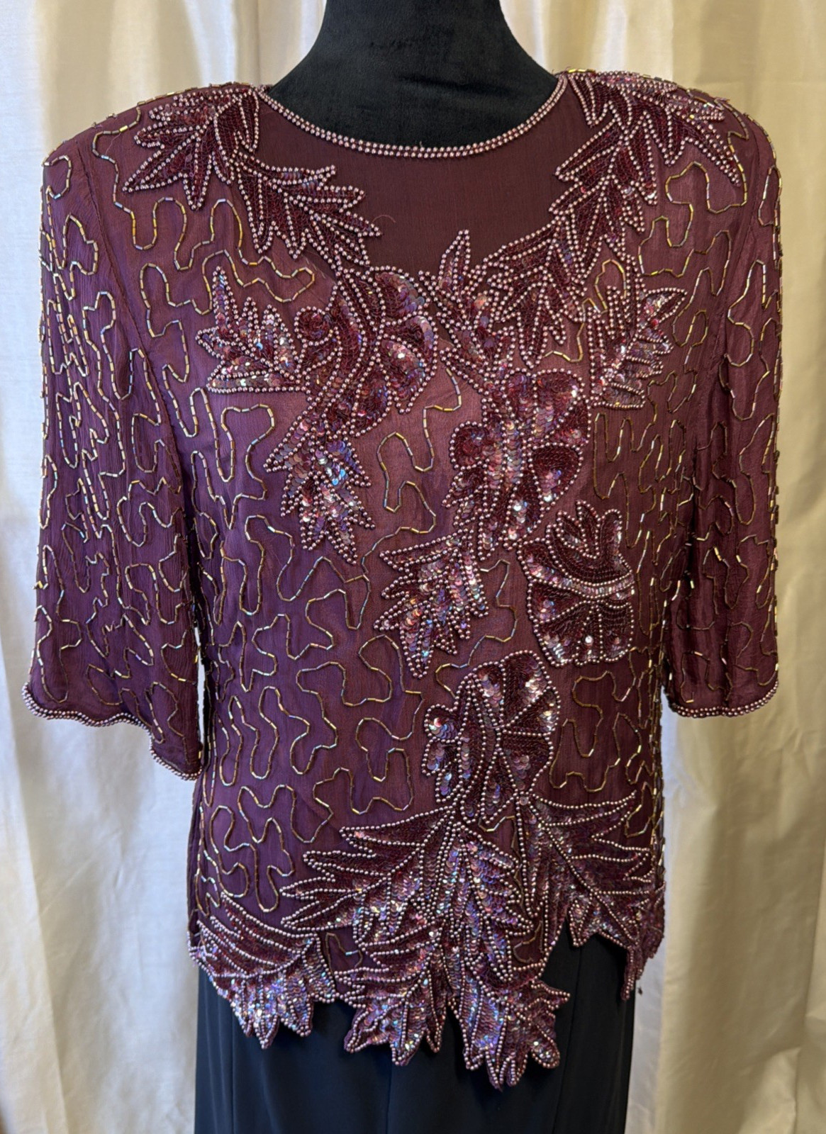 J.R.T. Bead & Sequine Silk Formal Blouse & Skirt (12) Size Large Wine Burgundy
