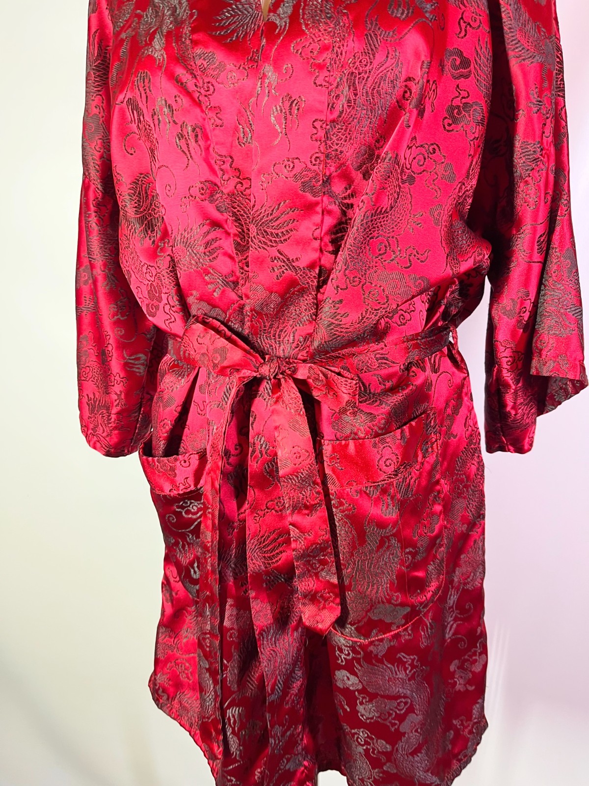 Vintage „Oriental” Brand One Size Robe Dragons Brocade Satin Sash Tie