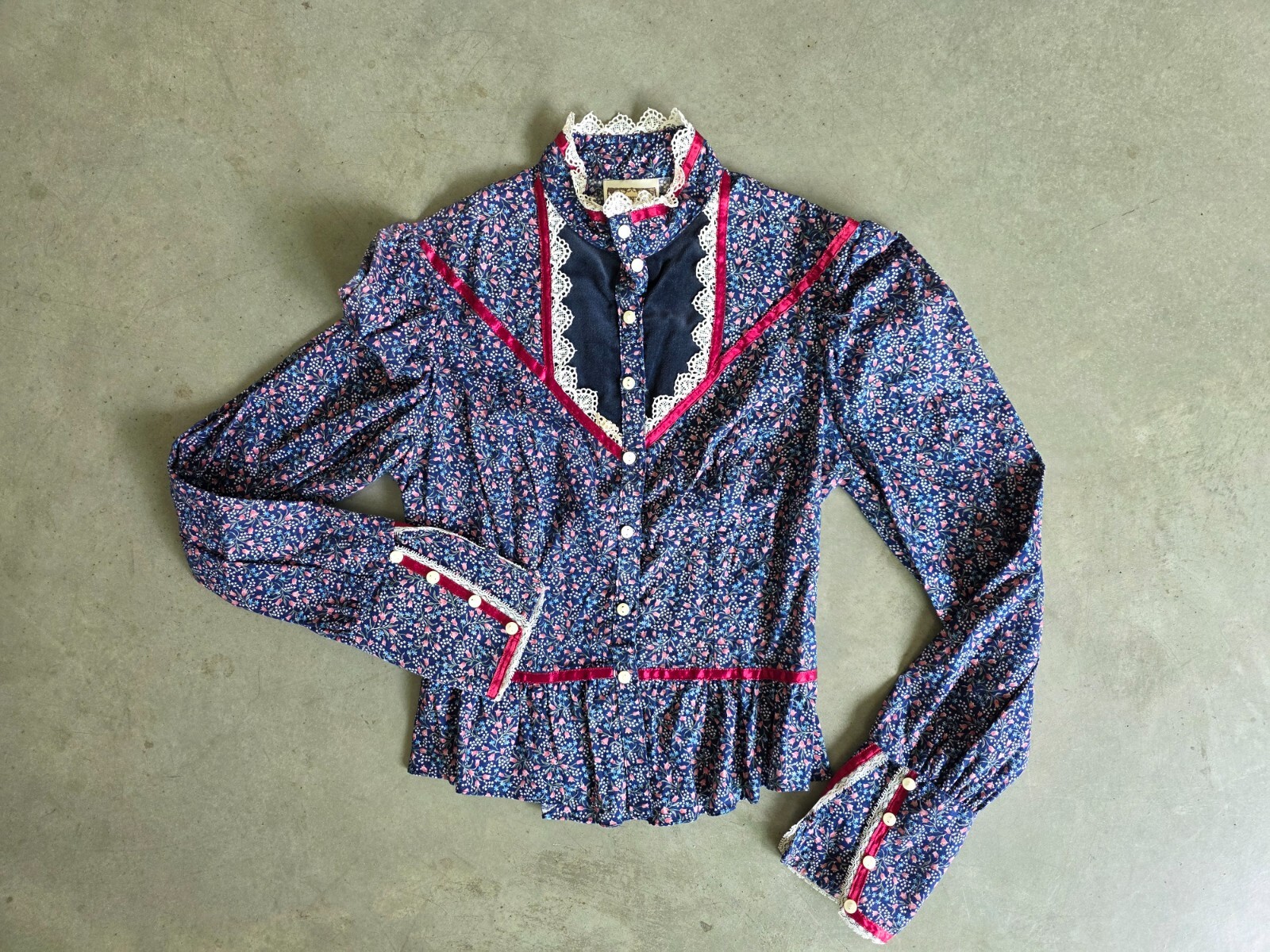 Vintage Gunne Sax Blue Pink Floral Print Blouse Size 7 (XSmall)