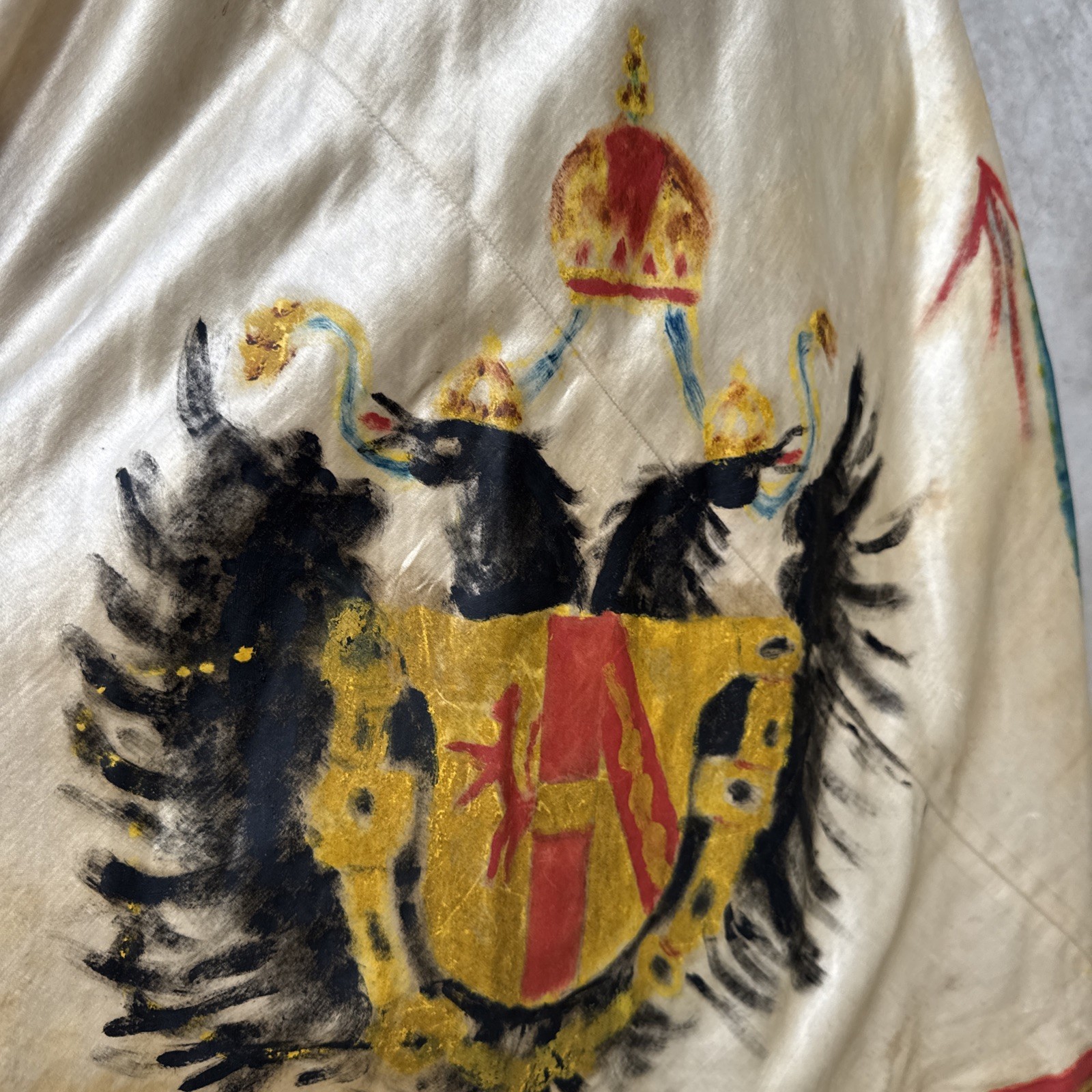 Vintage 1930s Hand Painted Silk Satin & Gold Lamé Dress Crests Snakes Lions