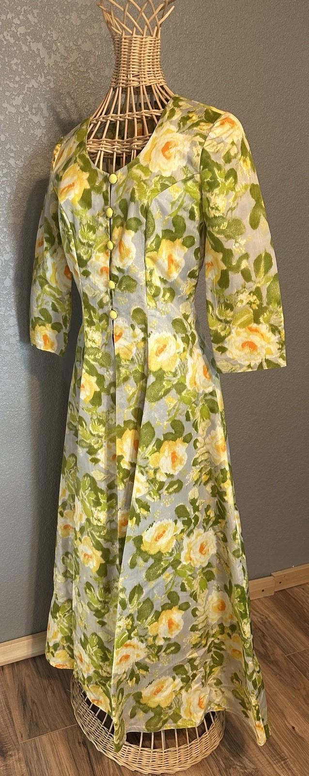 Vtg 50s Handmade Luxurious Floral Taffeta Hostess Gown Coat Glamour Mid Century