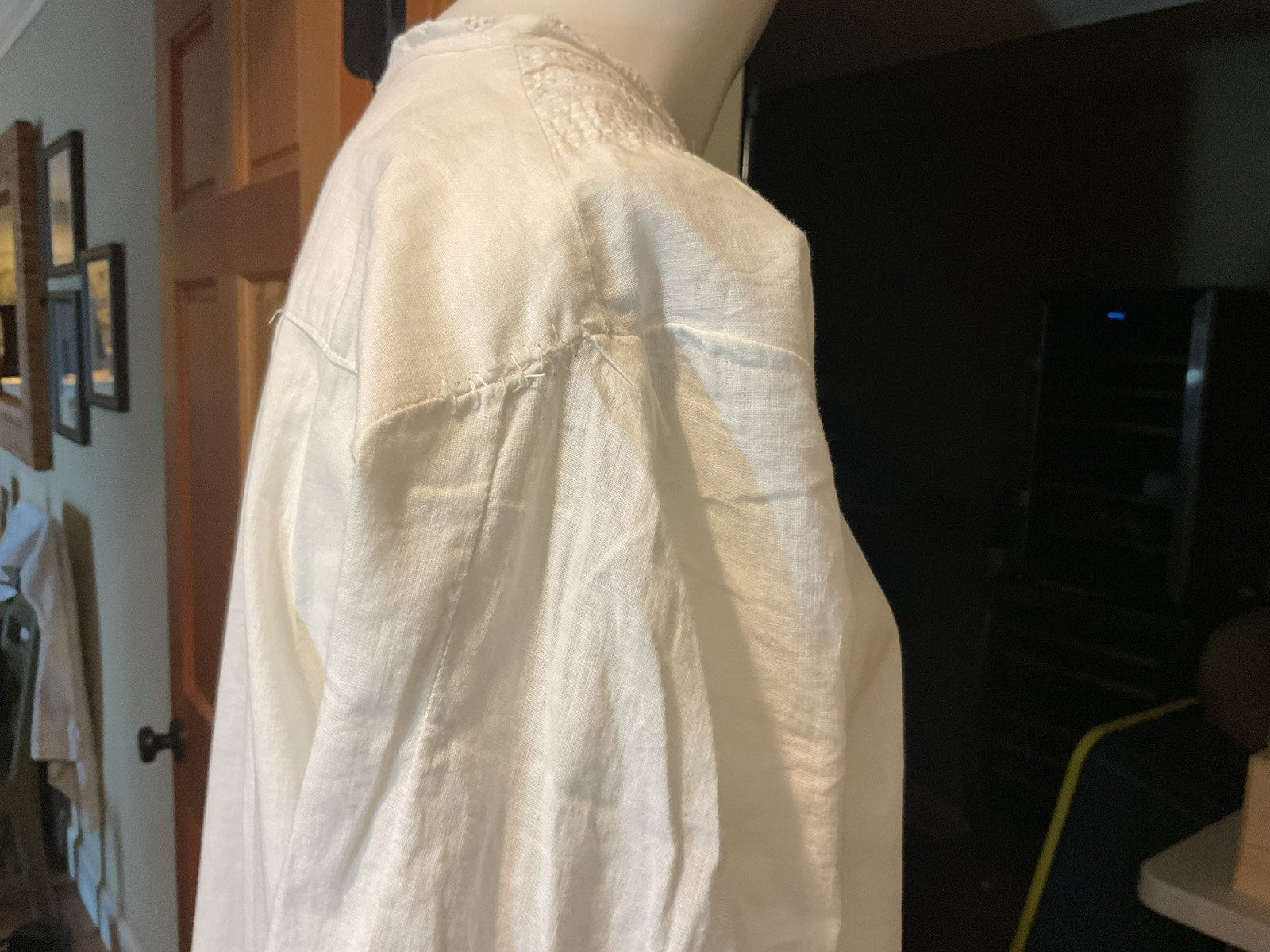 Antique cotton nightgown button front white cotton 3/4 sleeves Lace trim yoke