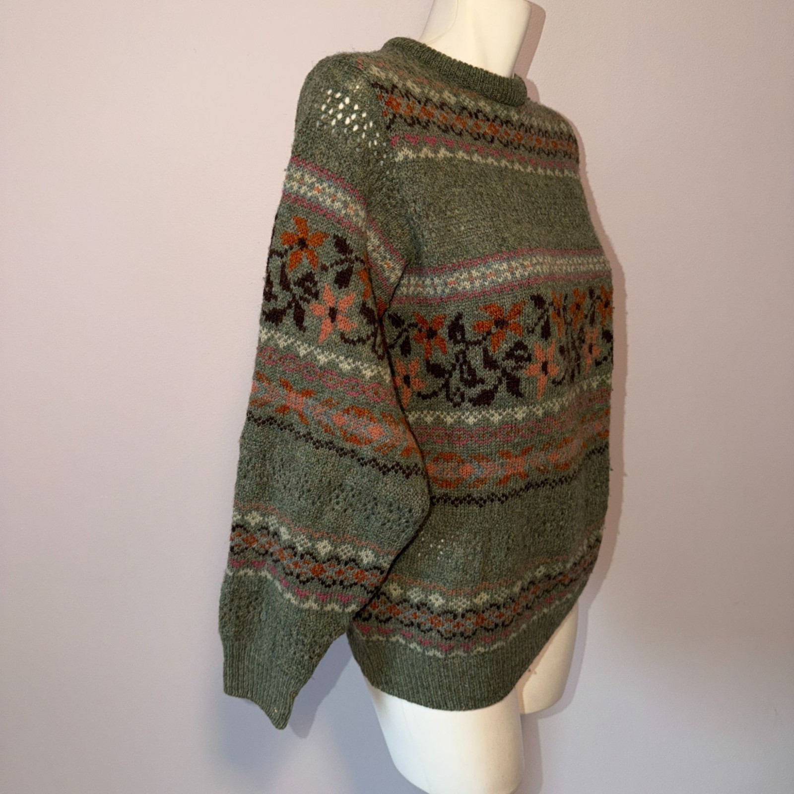 Vintage 90s Laura Ashley Sweater S Wool Fair Isle Cottagecore Scotland Boho Pink