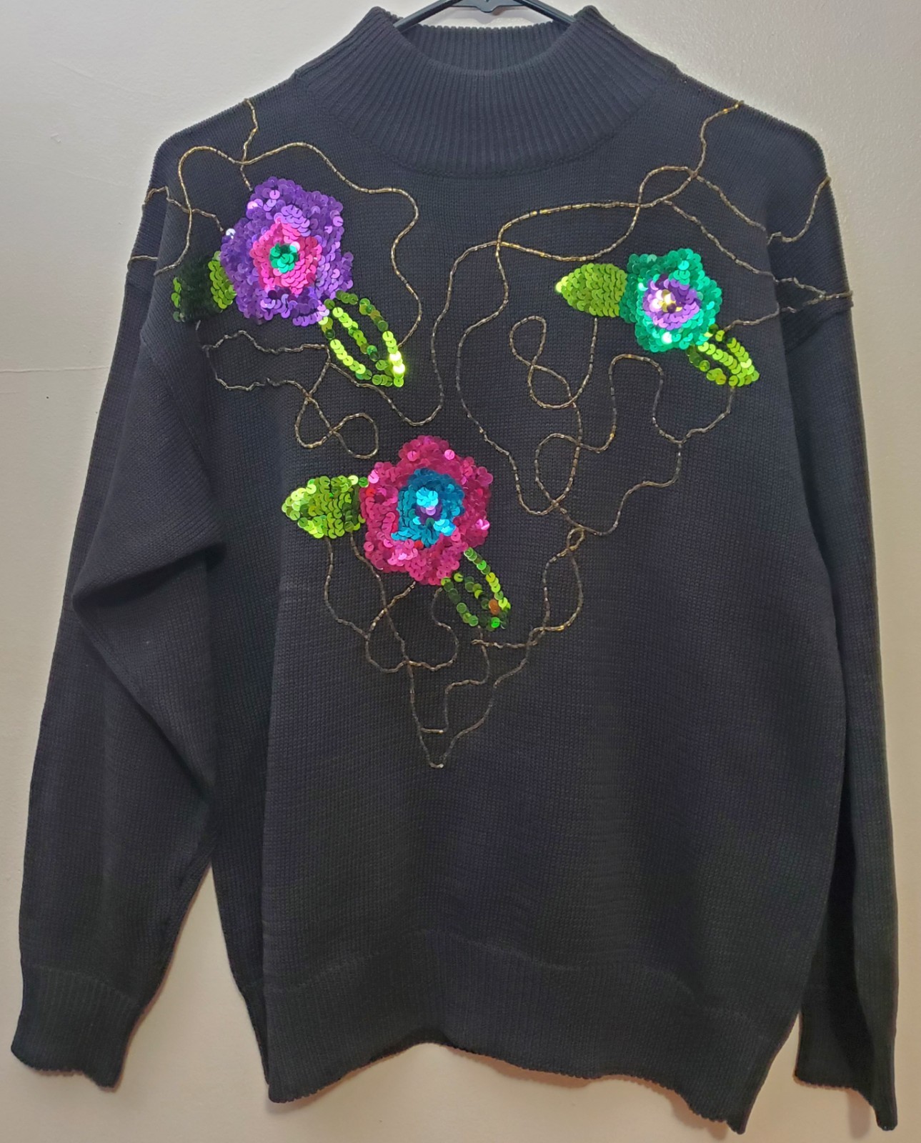 Vintage Rave Y2K 90’s Sequined Beaded Mock Neck Floral Sweater Hippie Maximalist