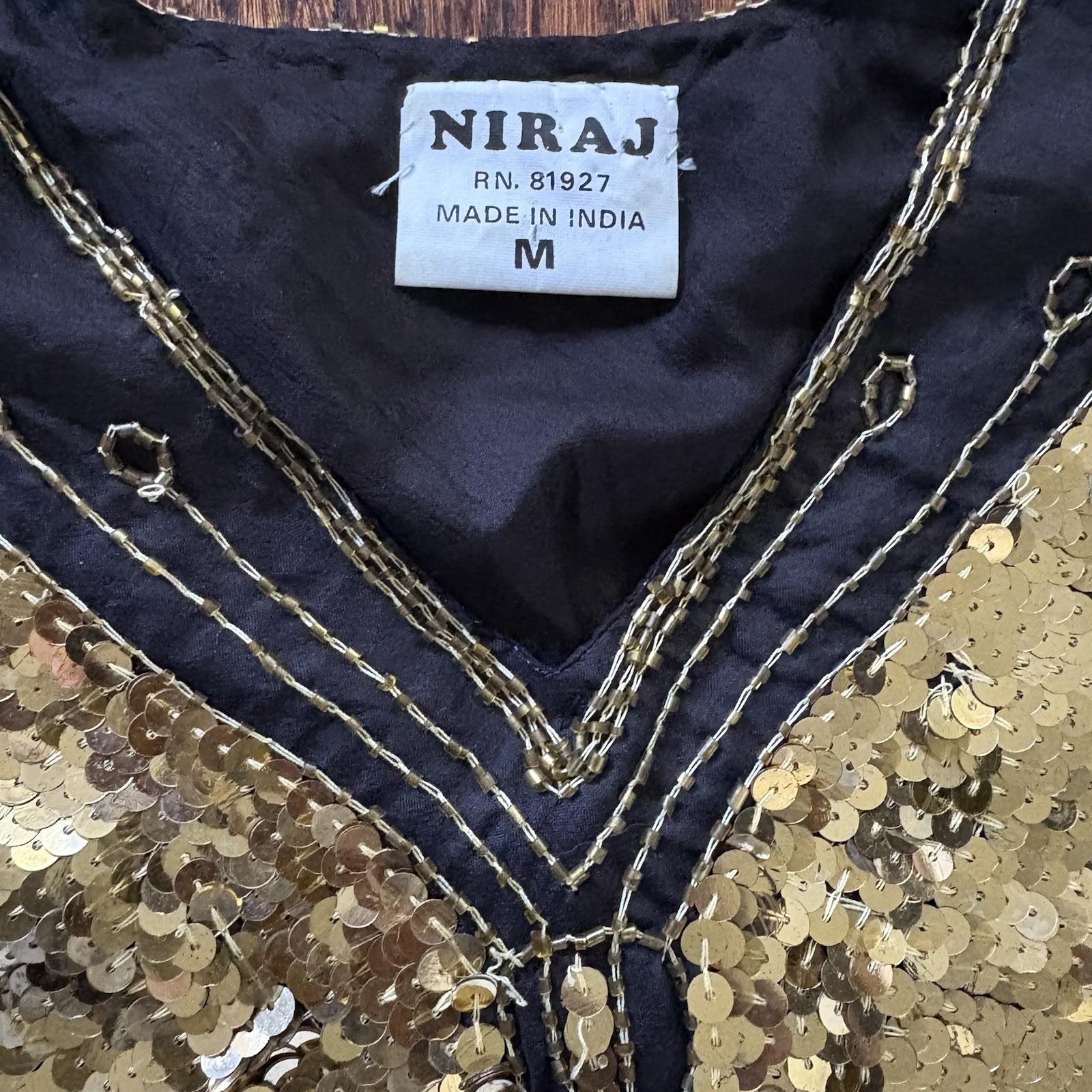 Vintage NIRAJ Silk Sequin Butterfly Blouse Top Black Gold Batwing Dolman Size M