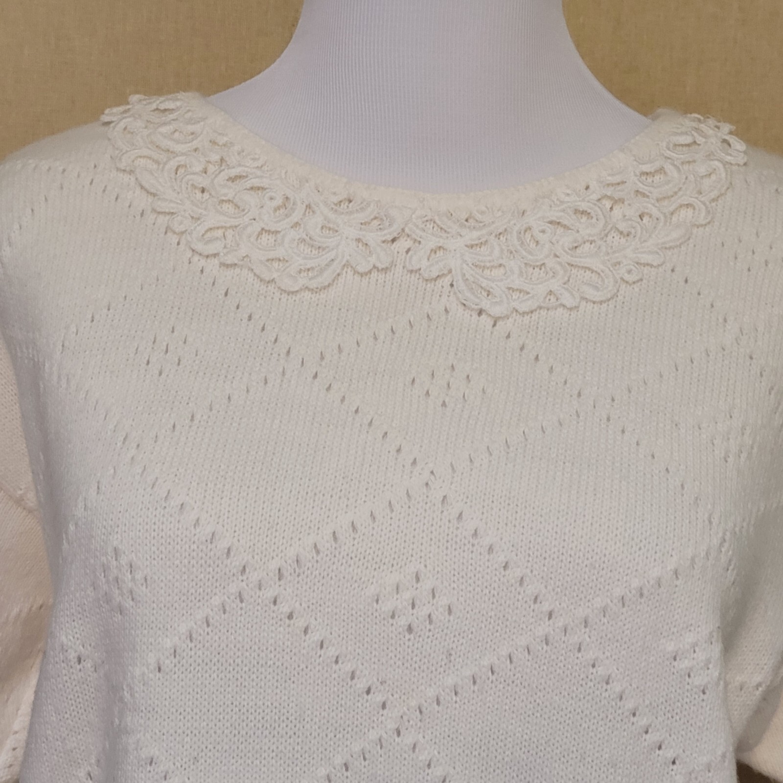 Fortune Knits Inc VTG White Short Sleeve Sweater Crochet Peter Pan Collar Sz M