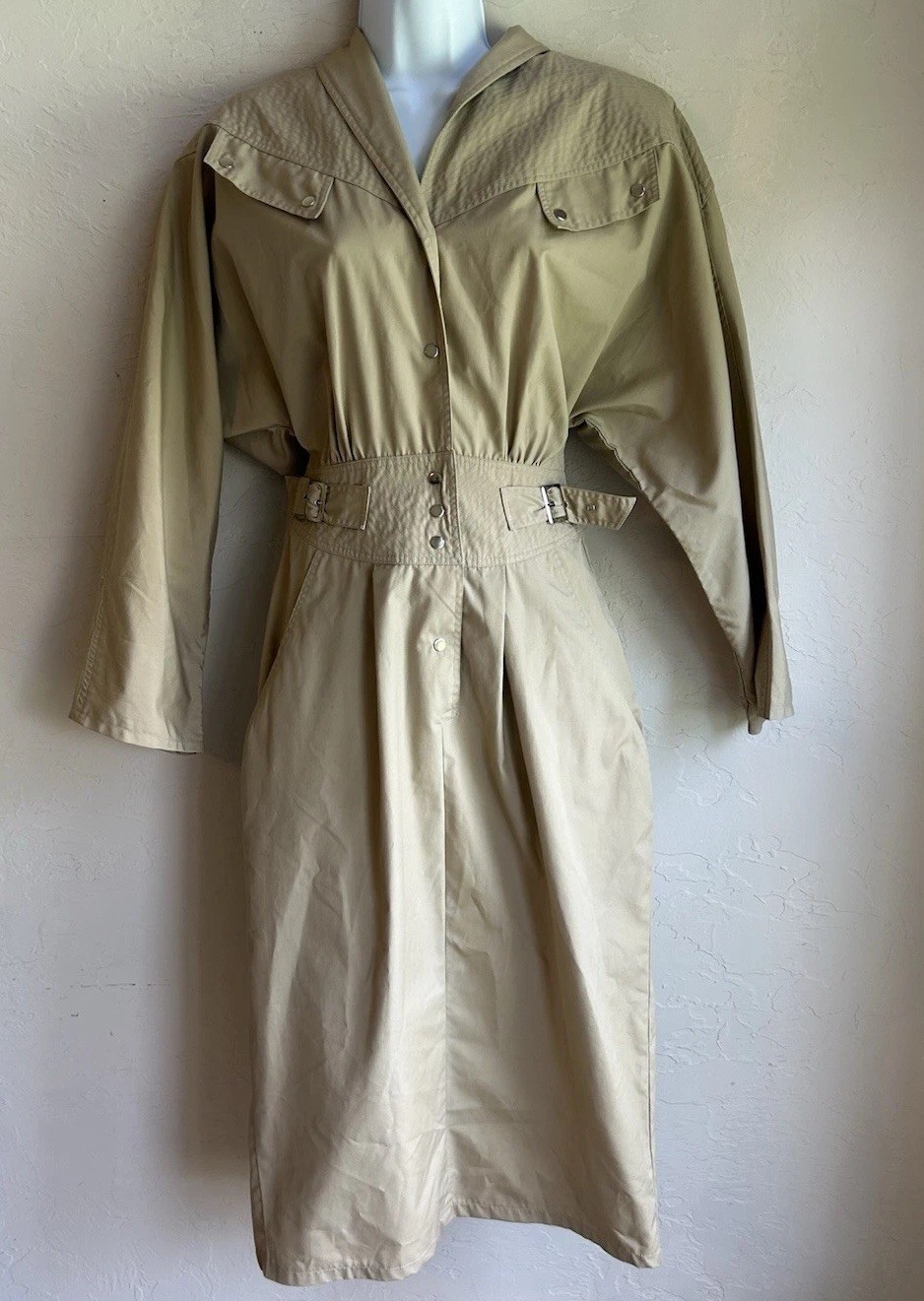 Vintage 80s Khaki Trench Midi Shirt Dress 10 Equestrian Old Money Minimalist