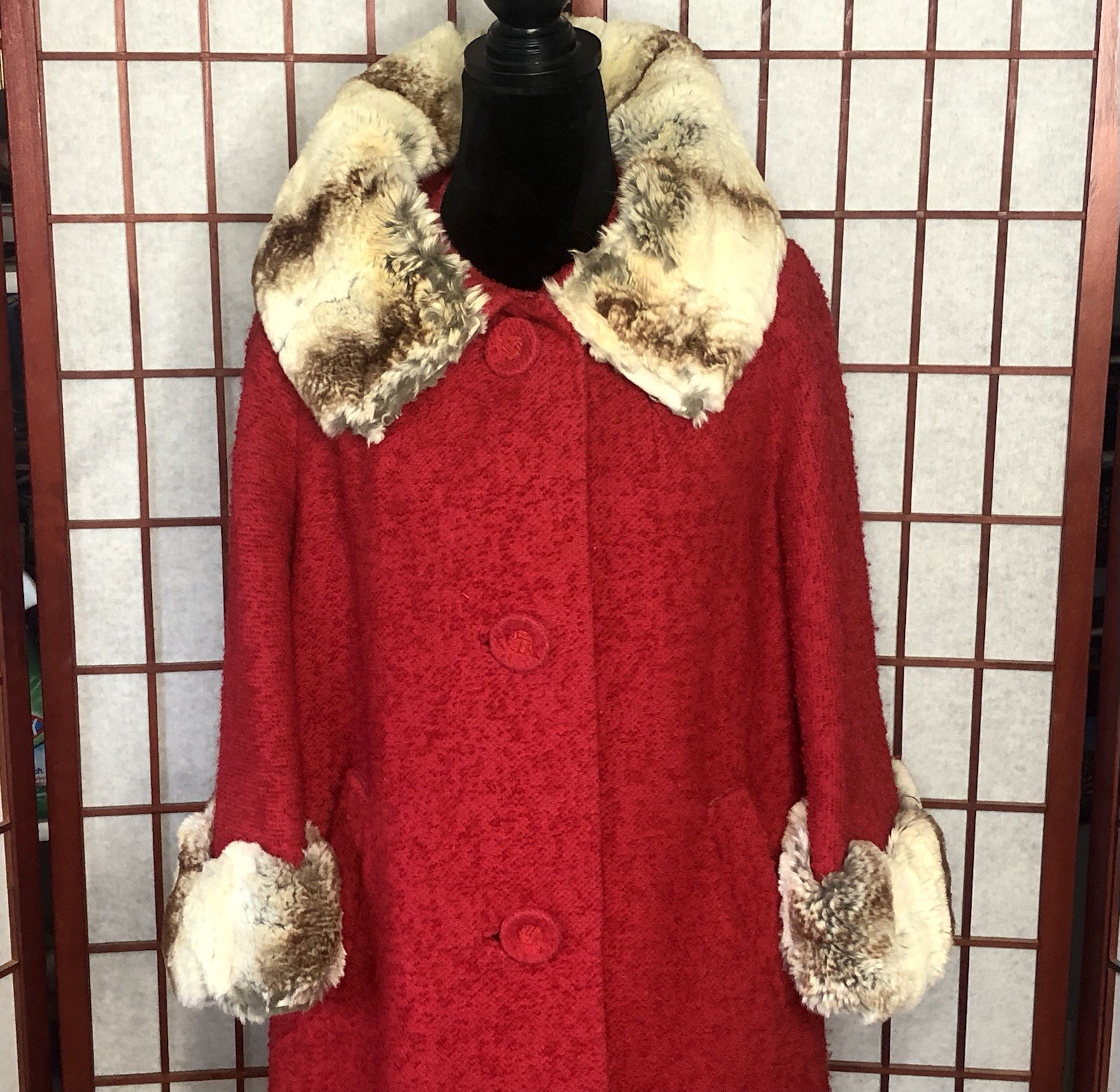 Vintage 1950s Red Nubby Boucle Swing Rockabilly Fur Trim Coat Med/Large