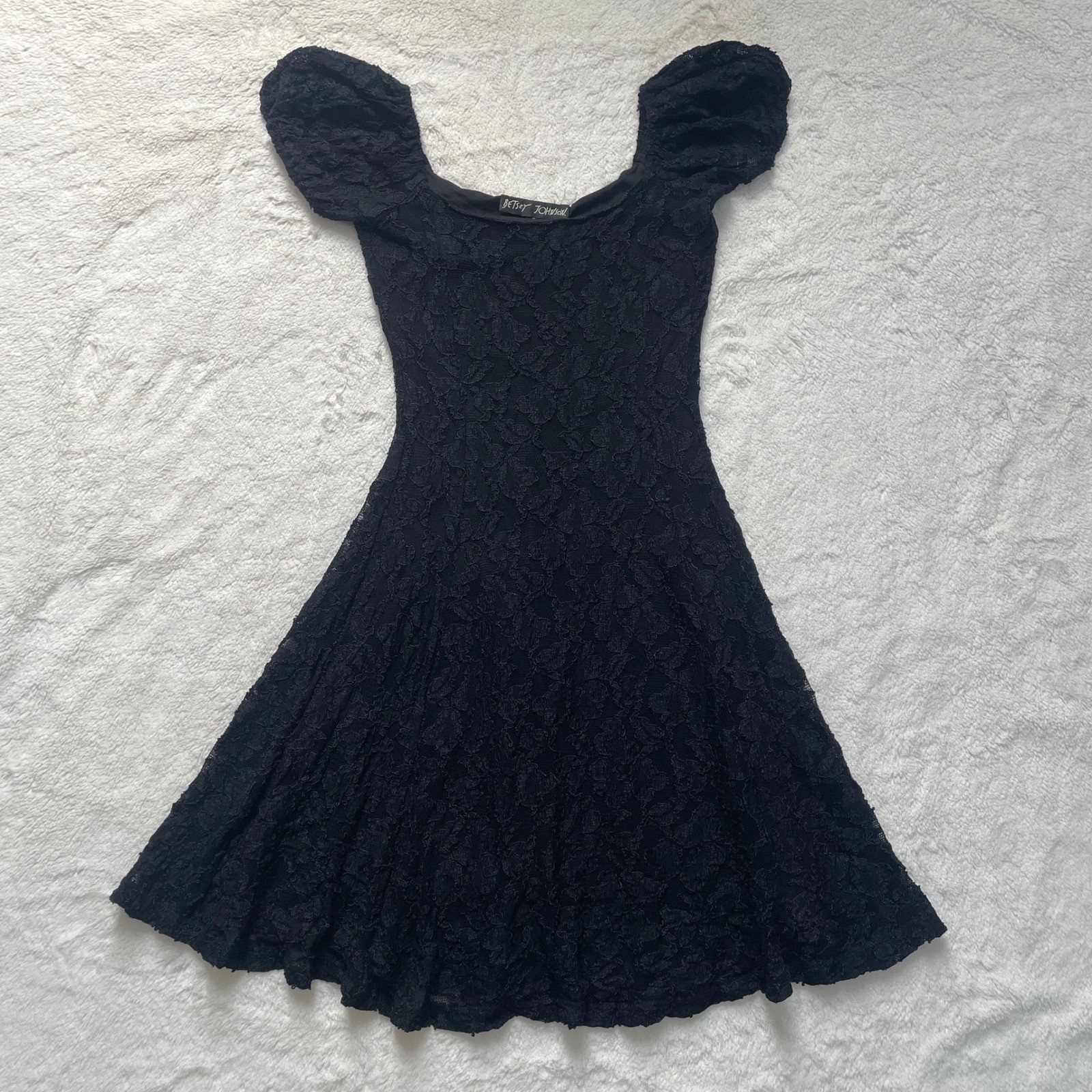 Vintage Betsey Johnson Black Lace Puff Sleeve Mini Dress Square Neck Goth Small