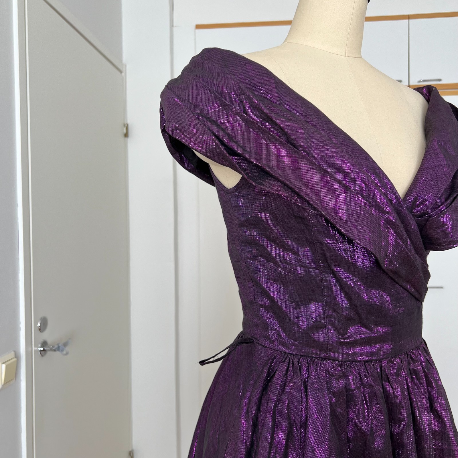 1980s Purple Off Shoulder Cocktail Party Dress Cotton Blend Aline Midi Retro 36