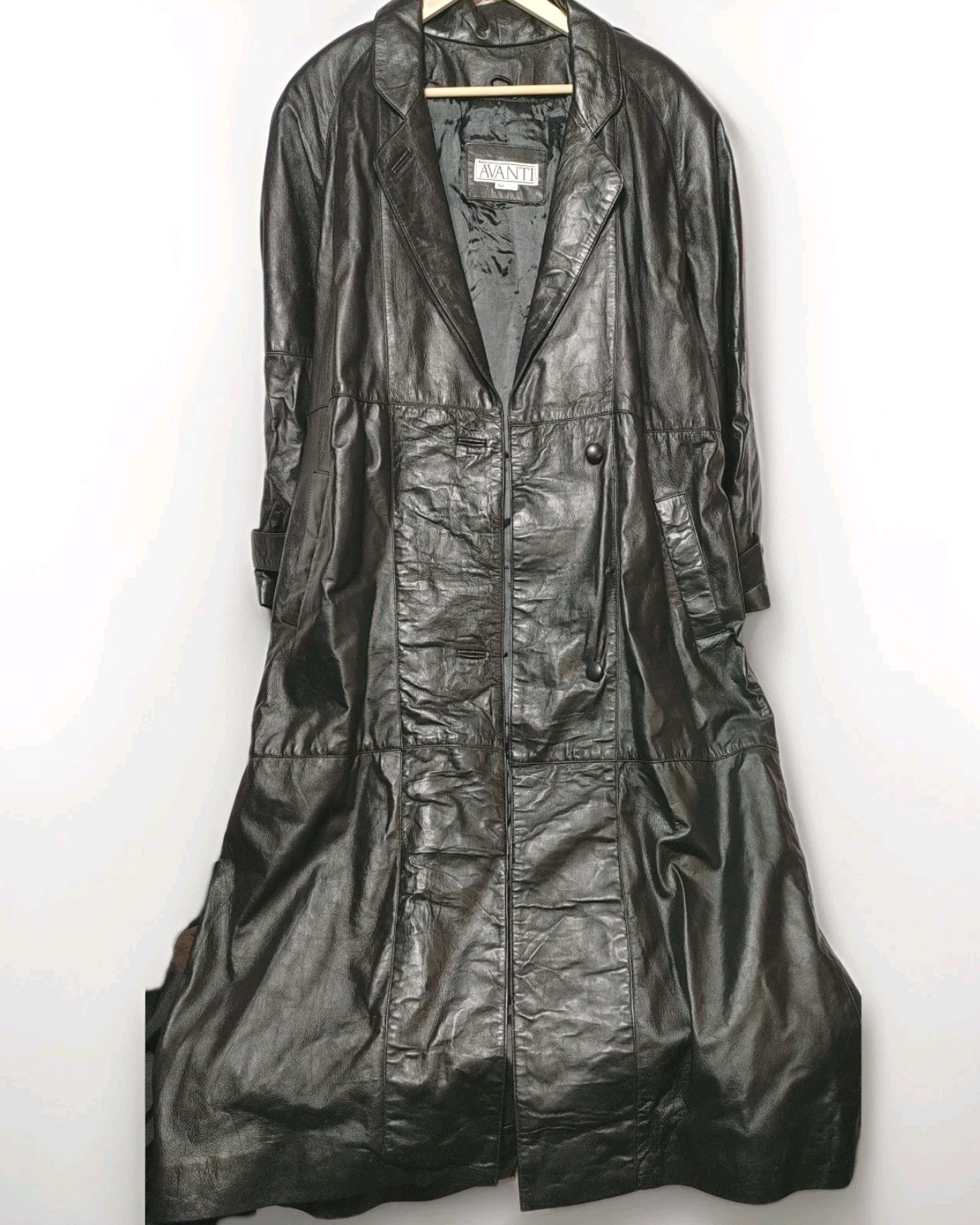 Avanti Vtg. Trench Coat Insulated Women M Black Leather Two Button Front Pockets