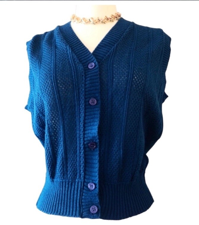 1970’s Kenneth Too! Blue Knit Sweater Vest, Button Down, Approx Size Medium