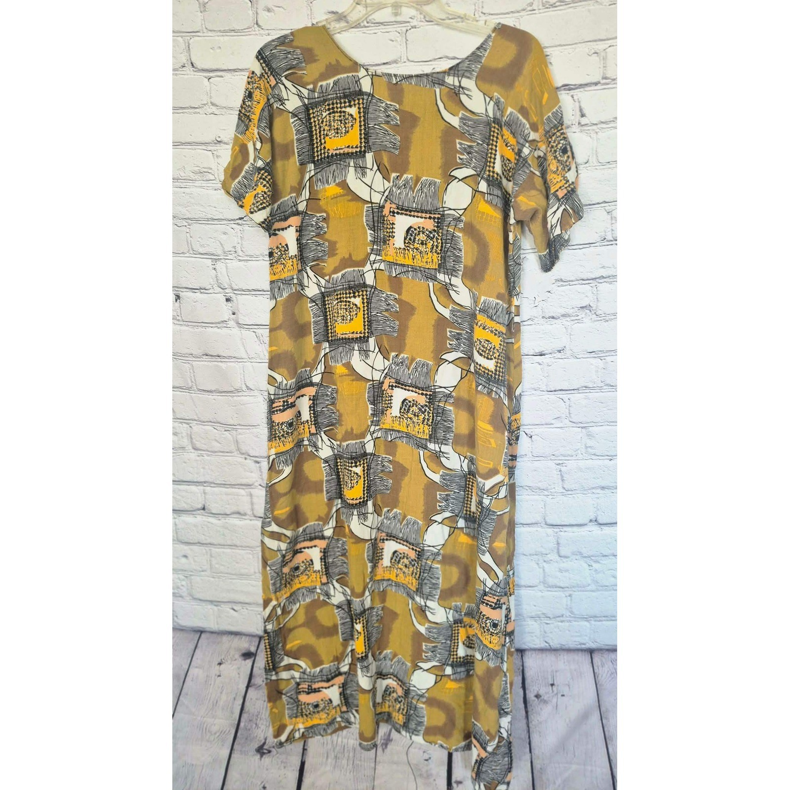 Vintage 1980s Abstract Geometric Print Shift Dress Mustard Yellow Orange Retro S