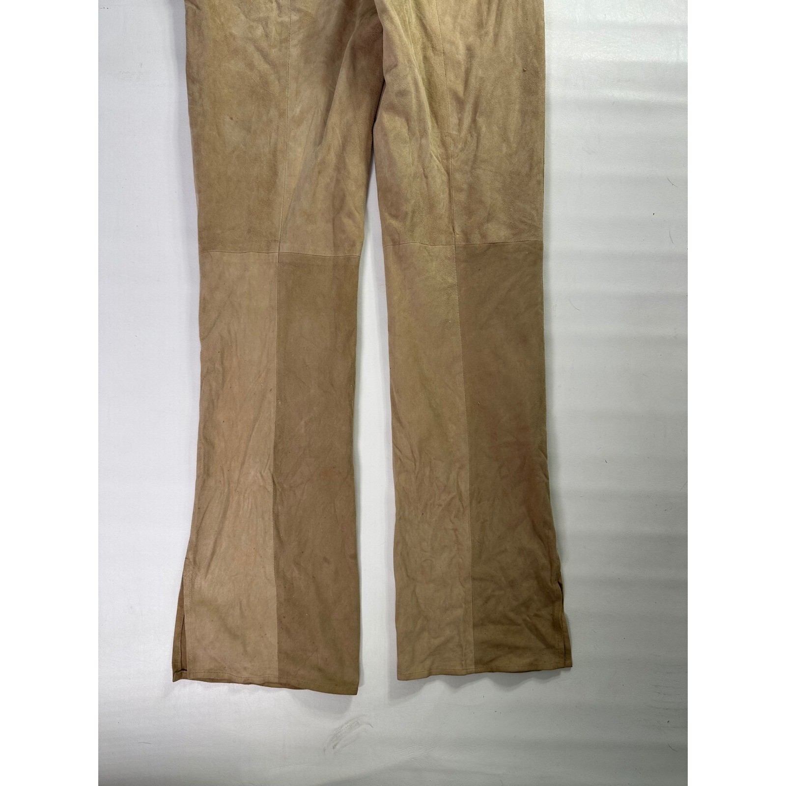 Cache Vintage Tan 100% Goat Suede Studded Rhinestone Straight Leg Pants Size 2