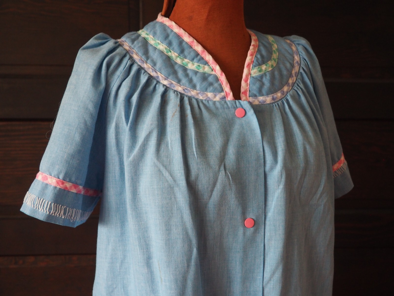 VtG 70s 80s Blue Chambray Lounge Duster Snap Front Pocket Cottage House Dress M