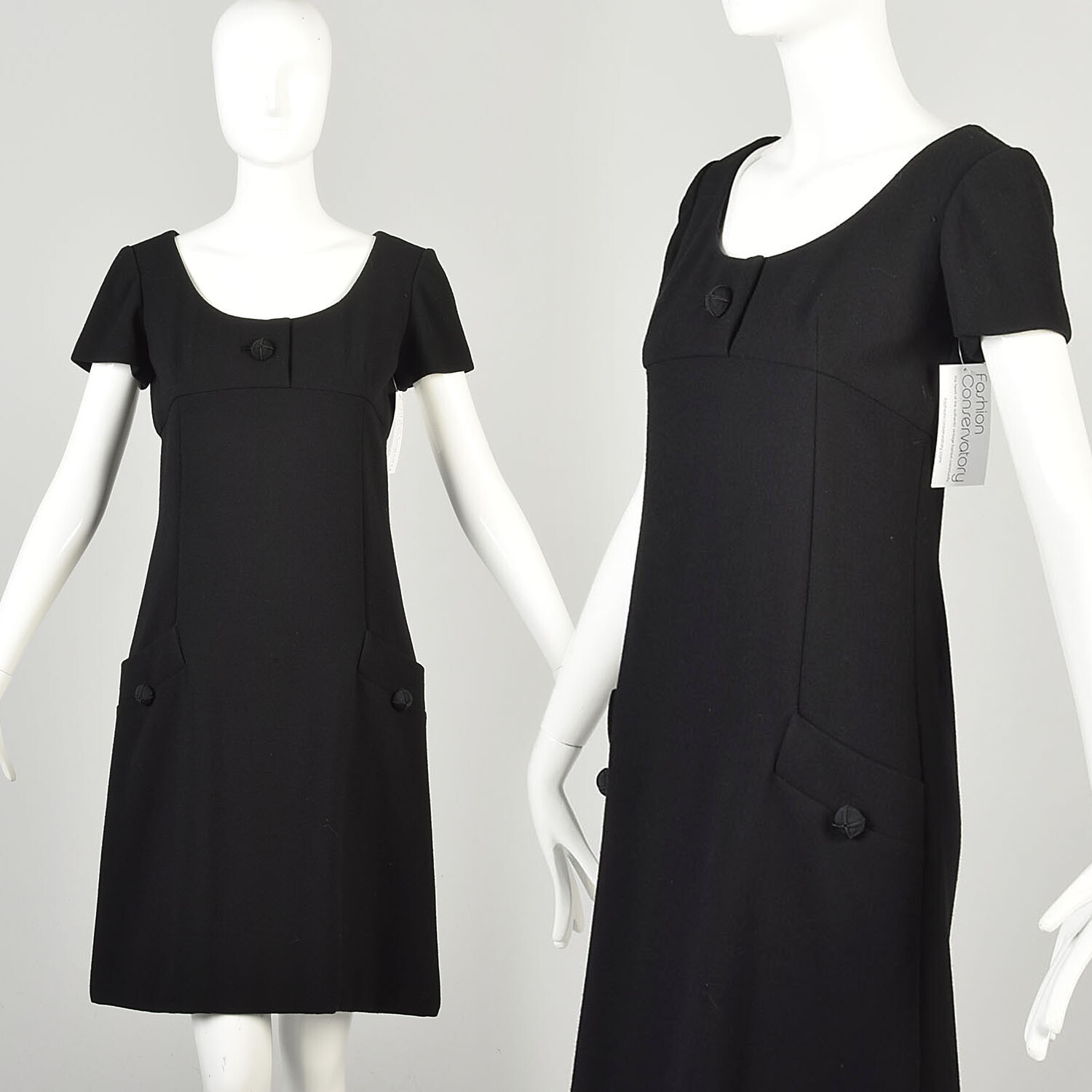 Medium 1960s Little Black Dress LBD Bill Blass Designer Buttoned Mod Mini Dress