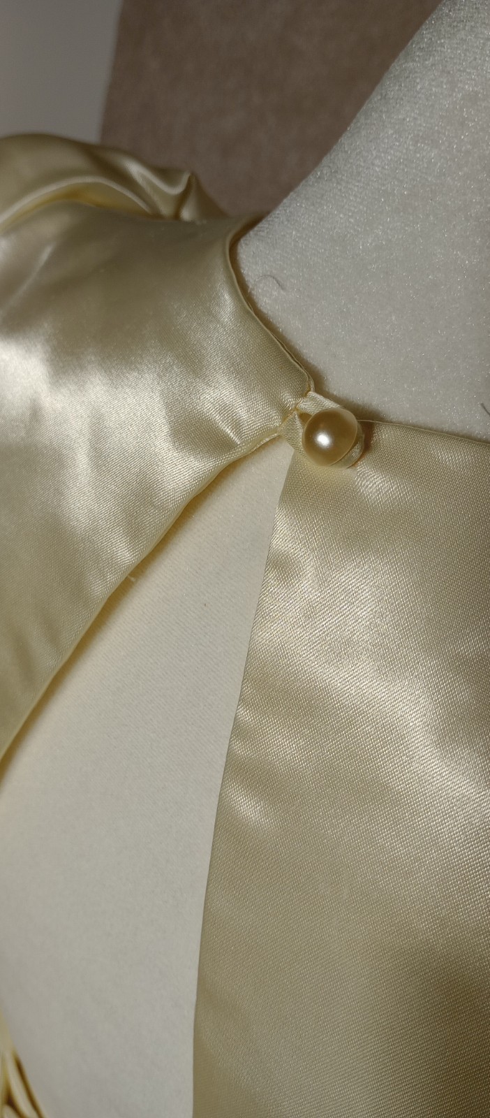 Vtg 80s Nu-Mode Satin Peplum Tea Length Wedding Dress Bow Open Back Size 5 / 6