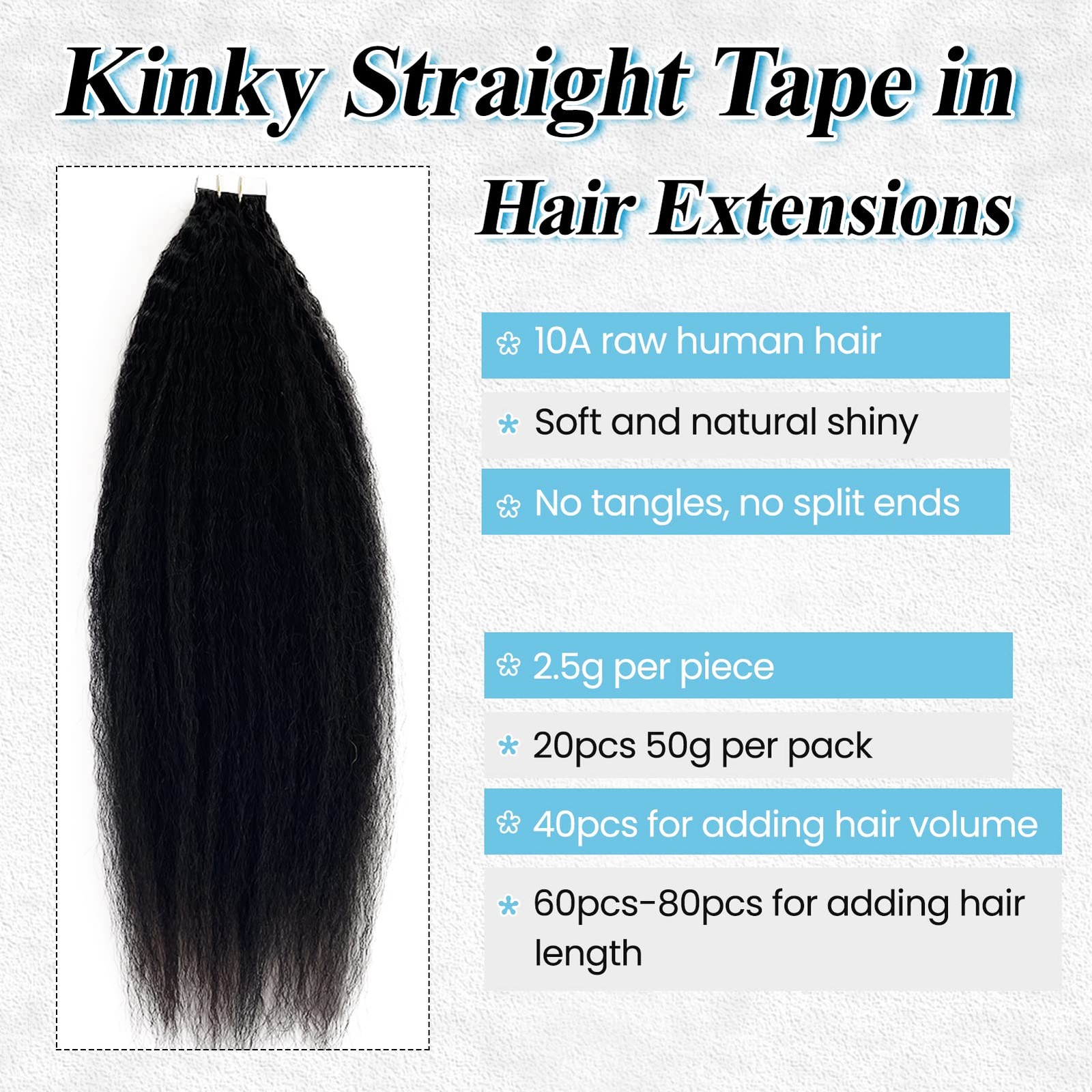 22″ Kinky Straight Tape-In Human Hair Extensions for Black Women
