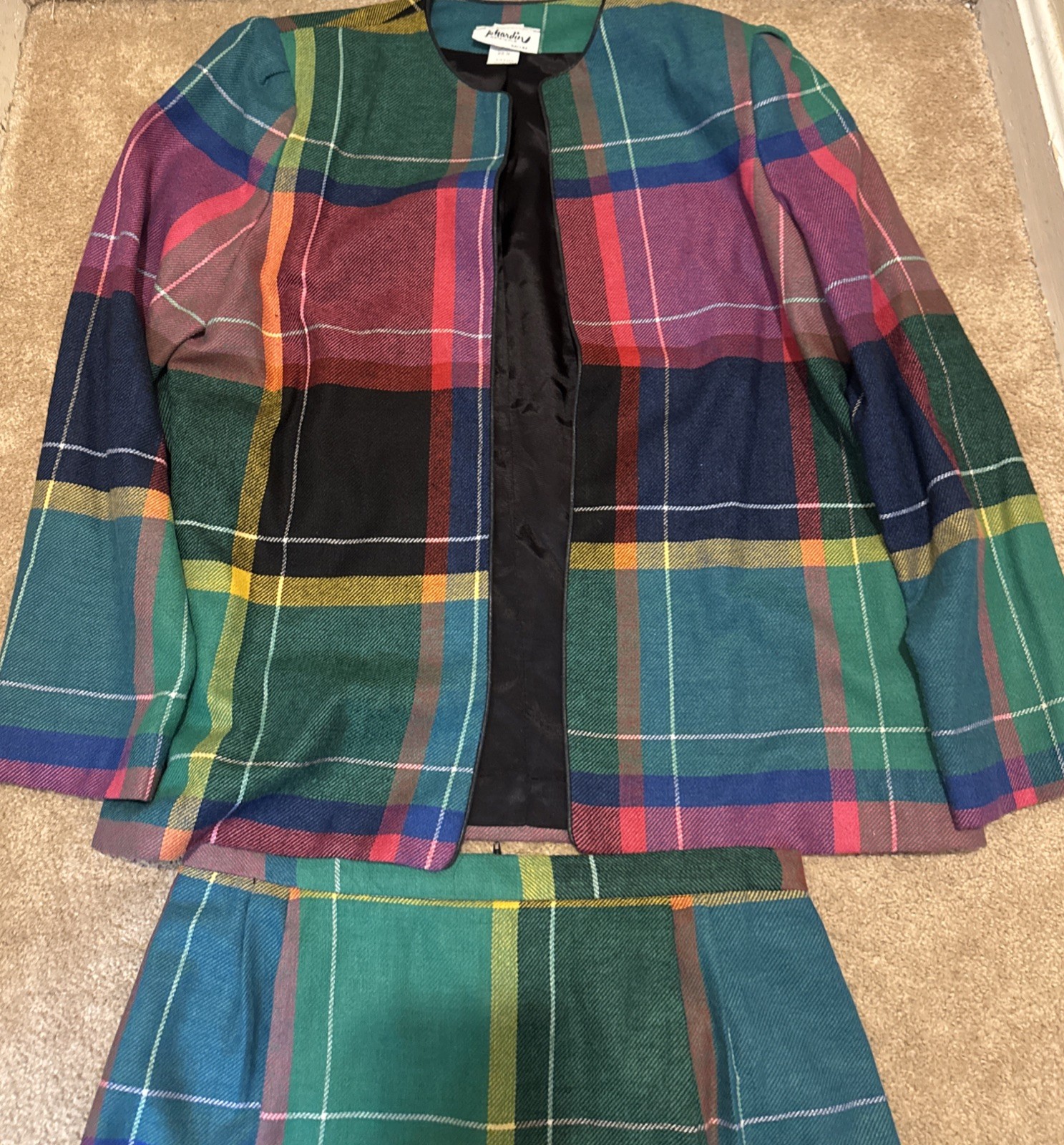 Vintage Jo Hardin Lined Colorful Wool Blend Skirt Jacket Set Size 14
