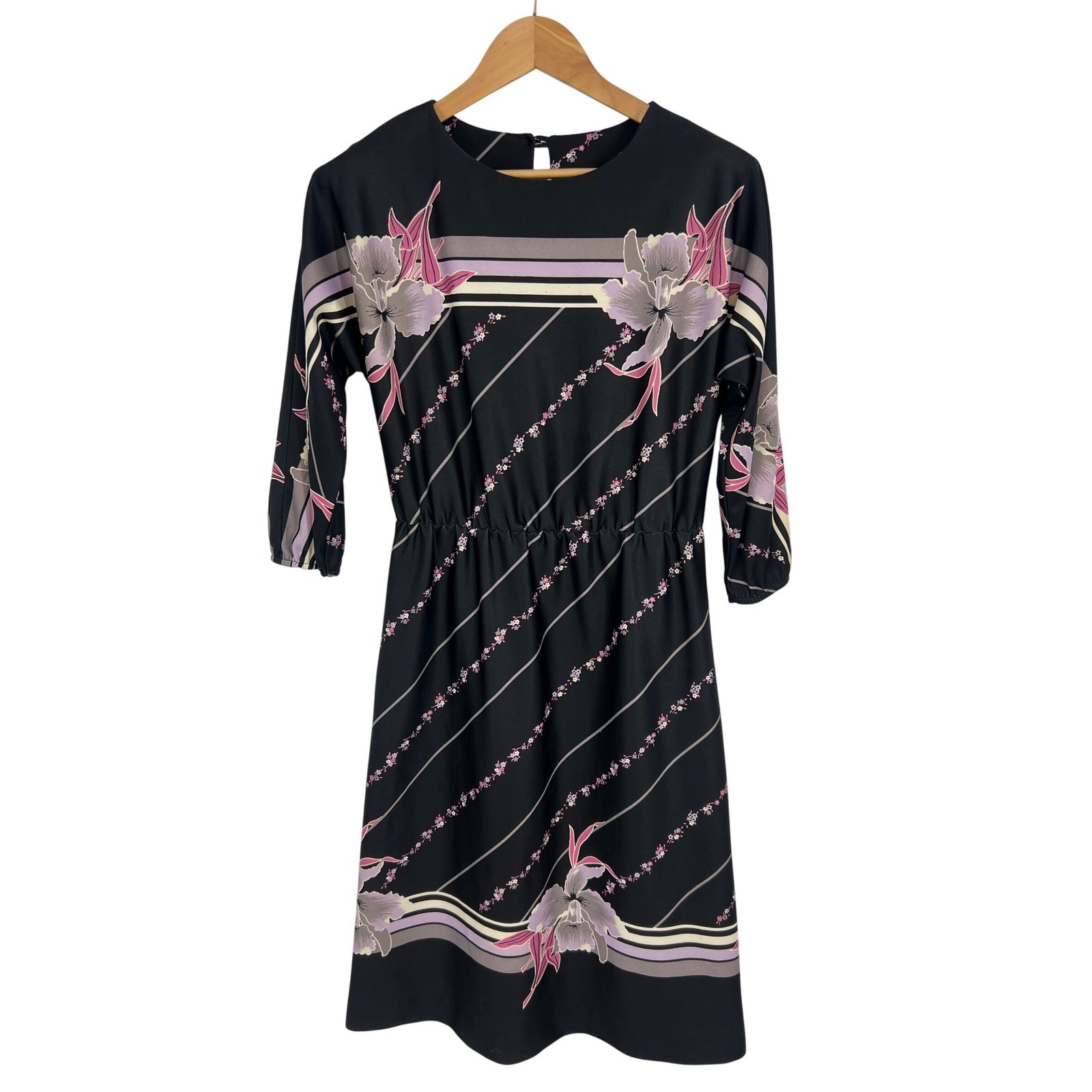 Vintage Avon Fashions Floral Striped Midi Dress Black Pink Purple 7/8 FFA-17782