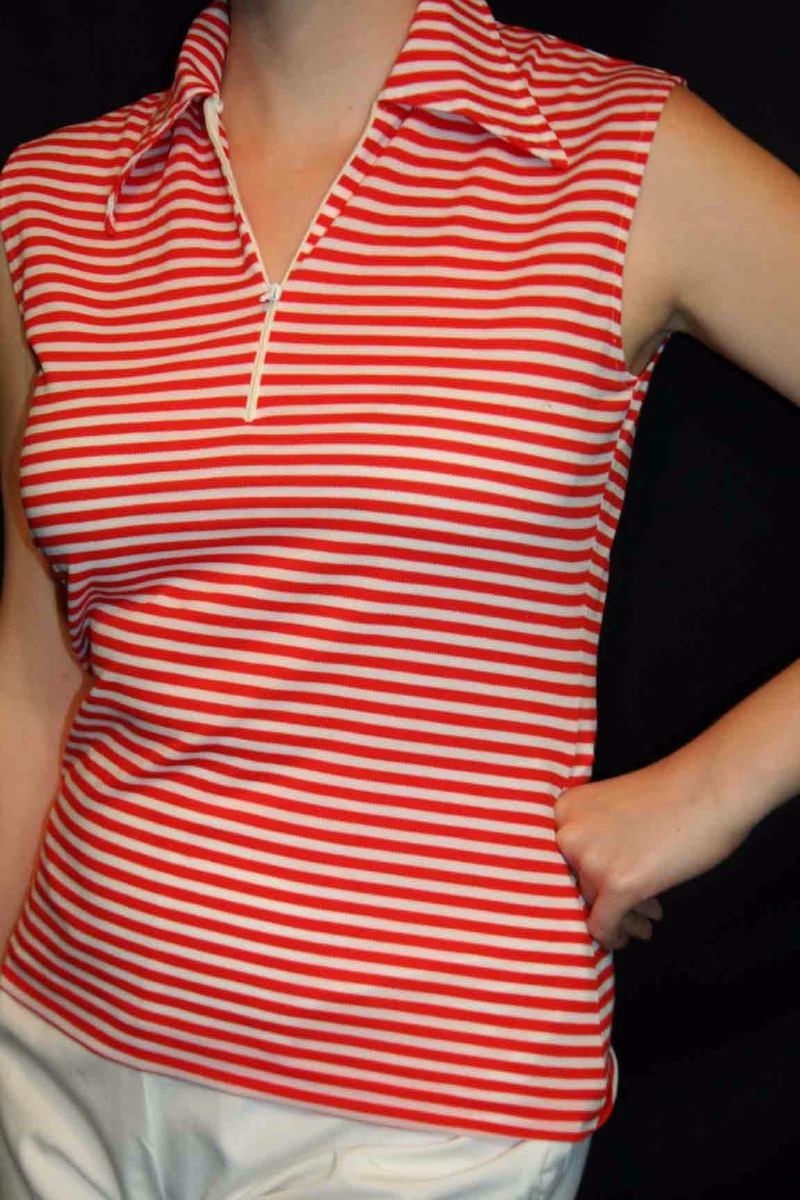 S~M Vtg 60s 70s SHIRT Stretch NYLON Knit 1/4 Zip Top Red Stripe Dagger Collar