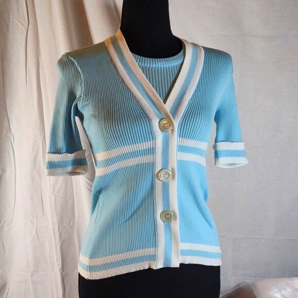 Vintage 70’s Light Blue w/White Stripes Short Sleeve Cardigan w/ Faux Tank – M