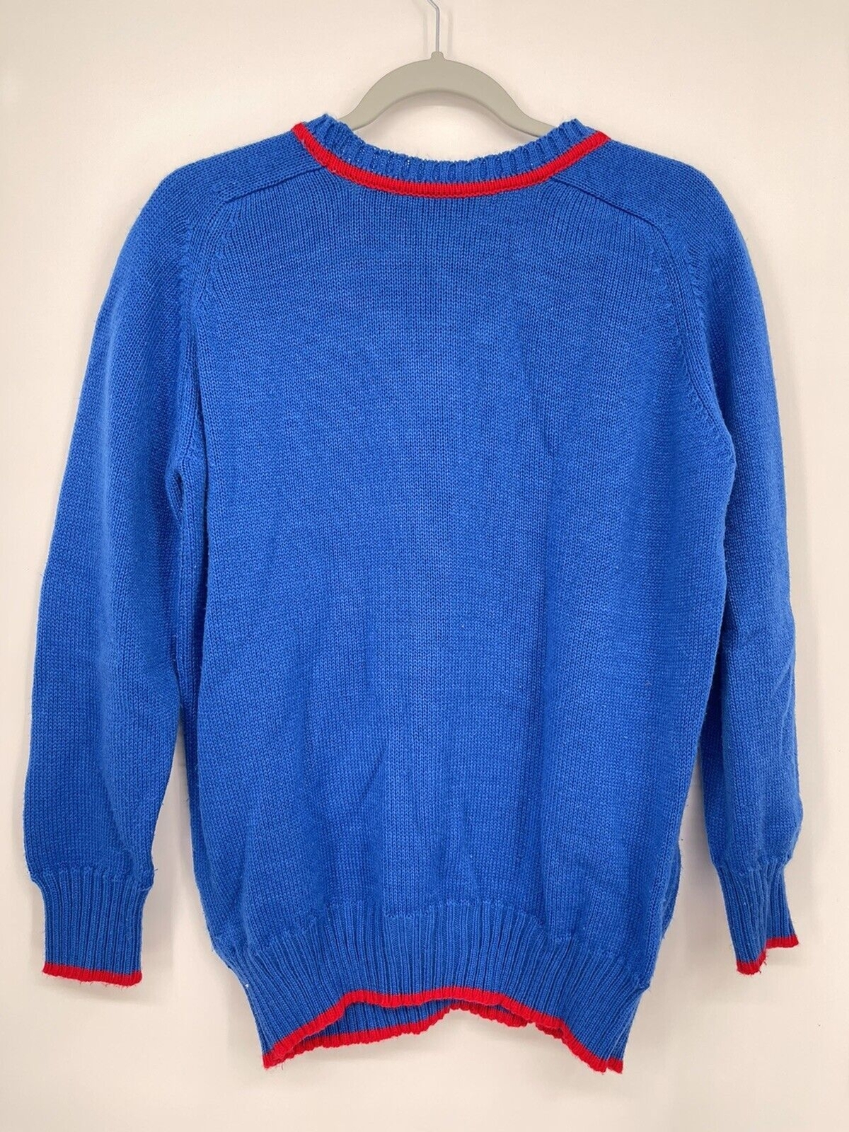 Eileen 42 Pullover Sweater Women Blue Good Vintage Red Trim Crew Neck Acrylic