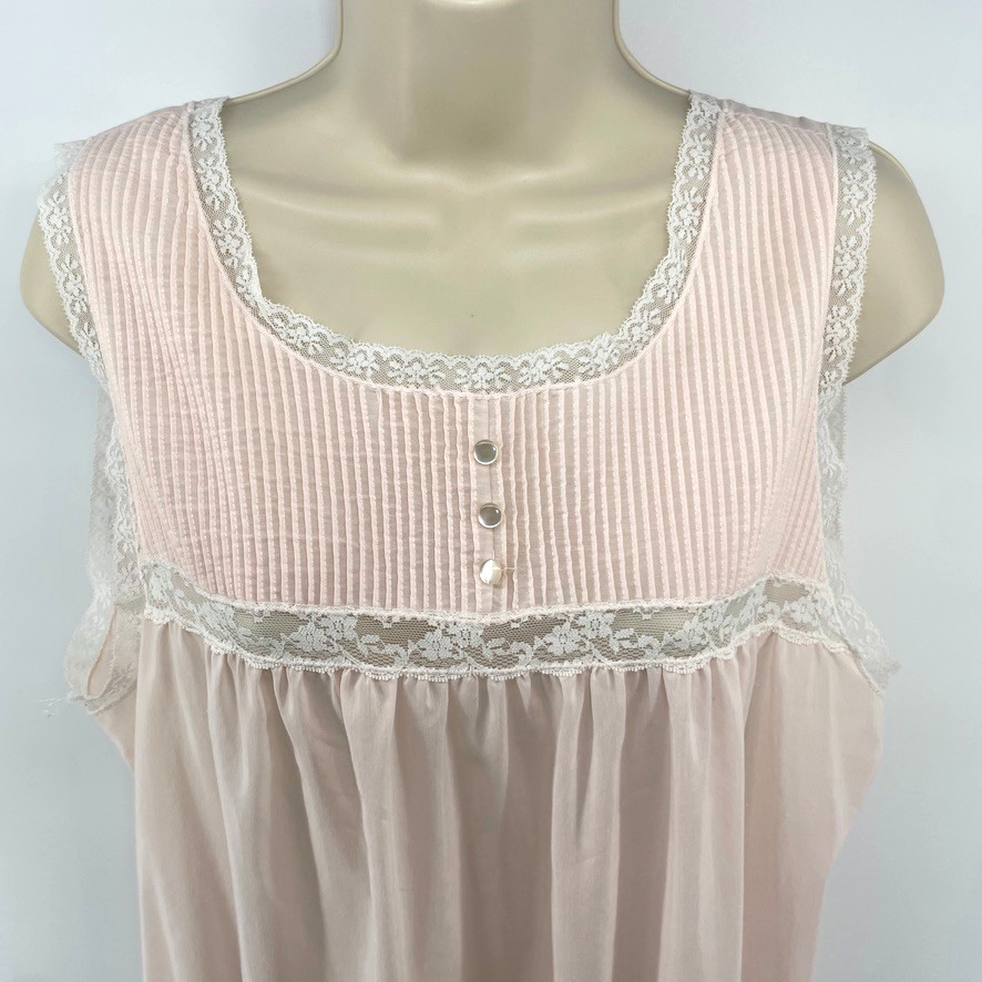Vintage BARBIZON Nightgown L Pink Babydoll Sleeveless Lace Trim Pintucks Cottage