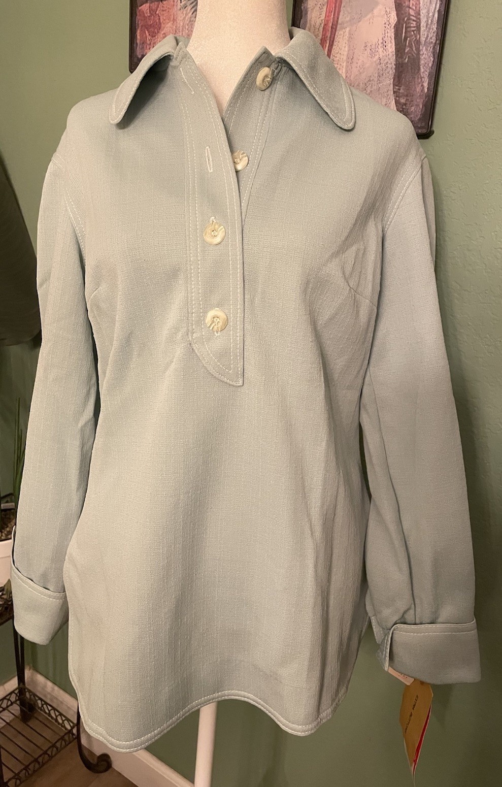 NWT~Vintage Butte Knit Sage Green Pullover Blouse Polo Style Made In USA Size 14