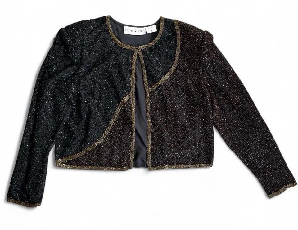 Vintage Black Beaded Evening Shrug Bolero Jacket Y2K Formal Party Wear