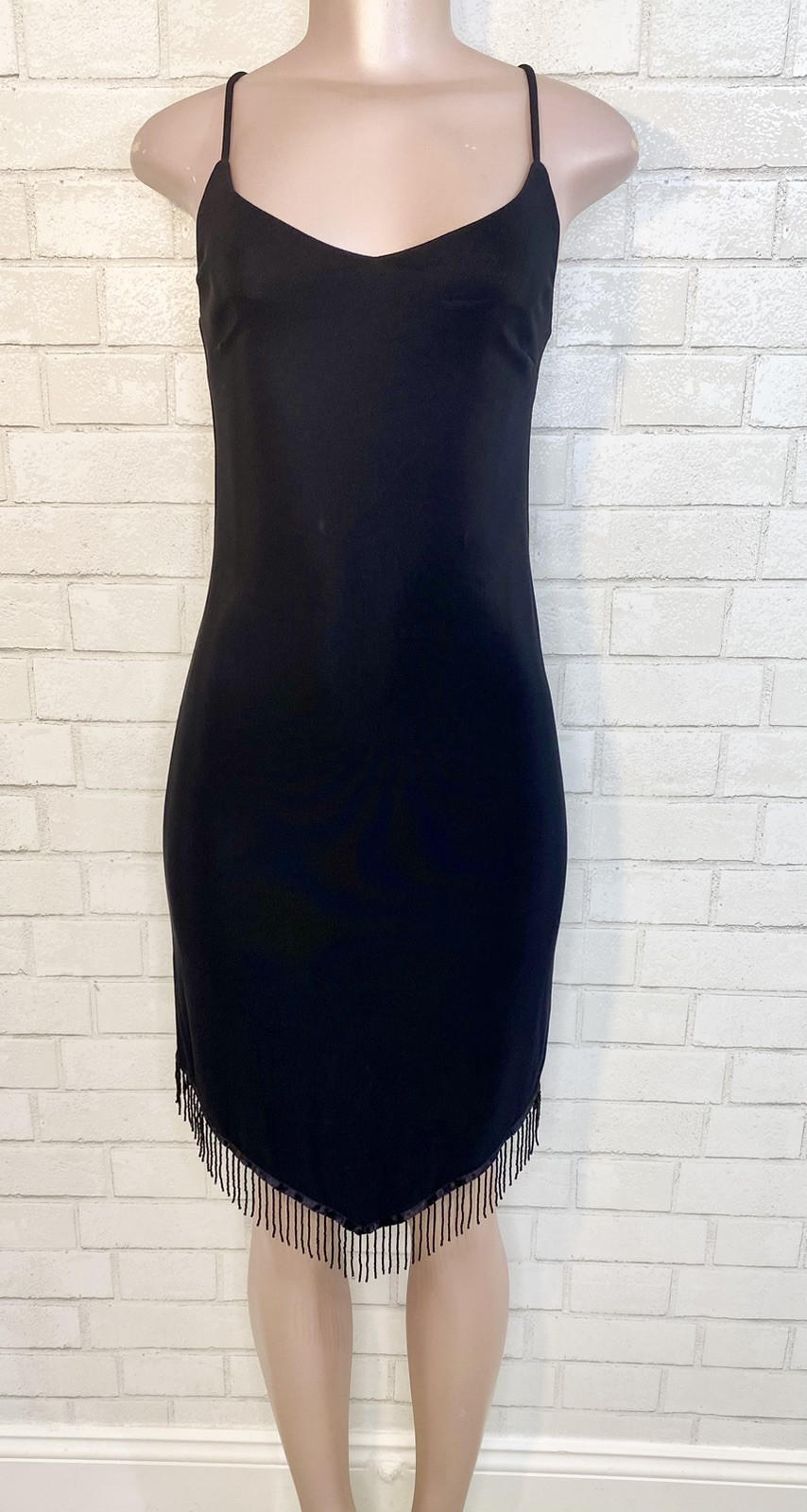VTG 90’s Y2K Black Bead Fringe Asymmetrical Party Wedding Prom Dress Whimsigoth