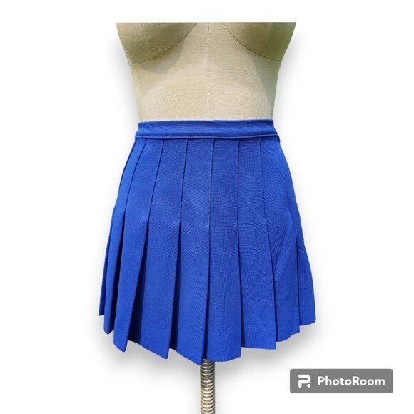 Vintage Pleated Mini Skirt Cheer Skirt Blue Side Button and Zipper Closure Retro