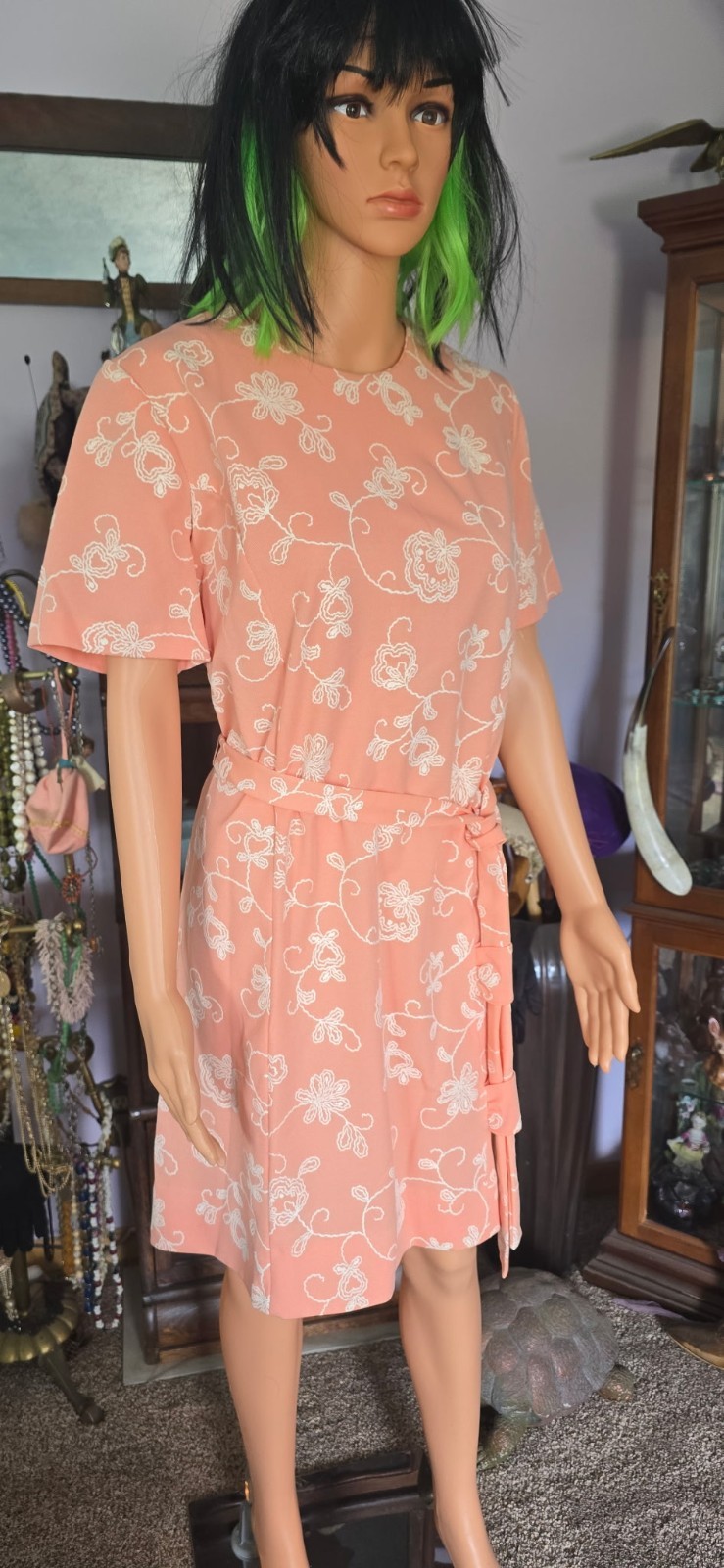 VTG Pink Floral Faux Wrap Dress Women’s Short Sleeve Tie Waist Knee Length