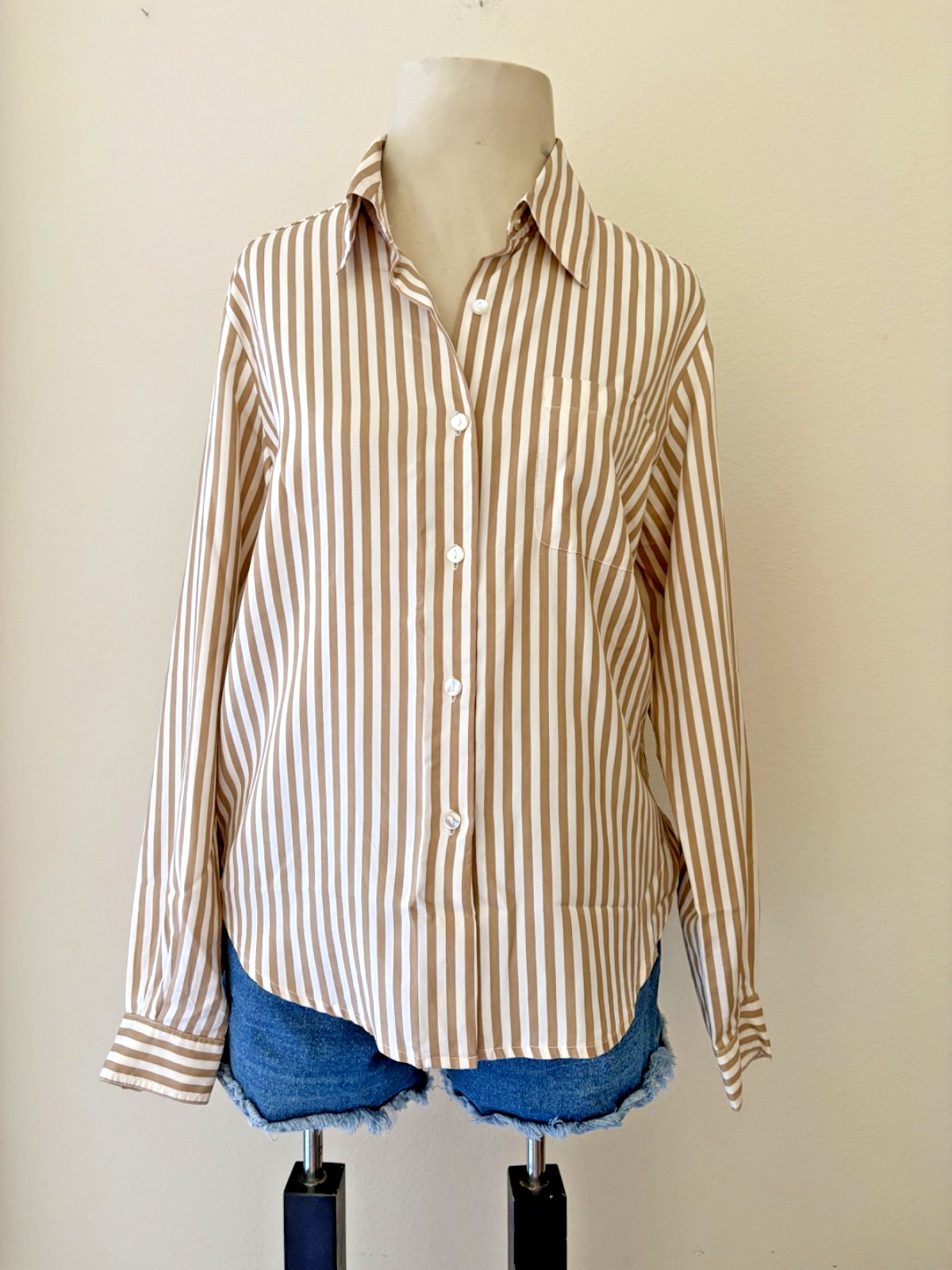 Vintage 1990s Silk Nude Striped Button Down Blouse M Sleek Minimalist Polished
