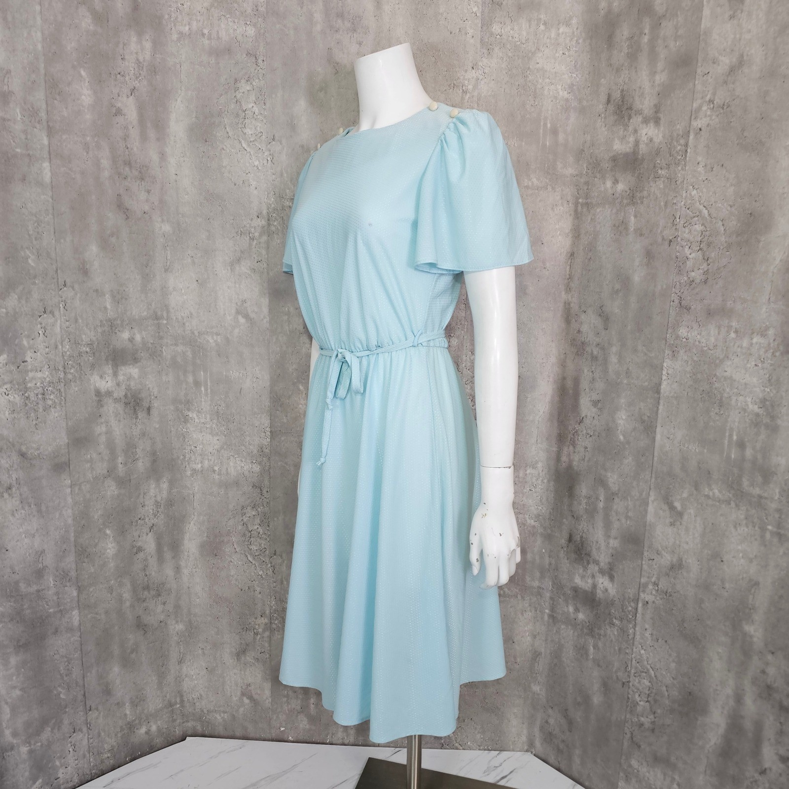 Vintage 70s 80s Baby Blue Disco Dress Midi Flutter Sleeve Secretary Glam M