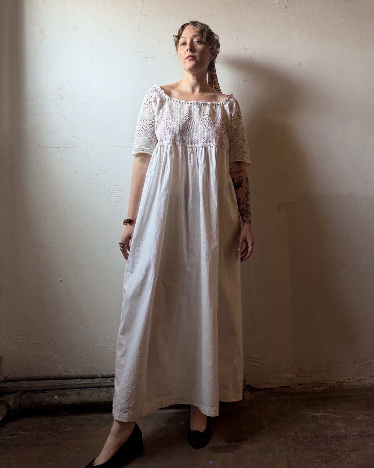 Antique Edwardian Filet Crochet Cotton Dress – Women’s Large