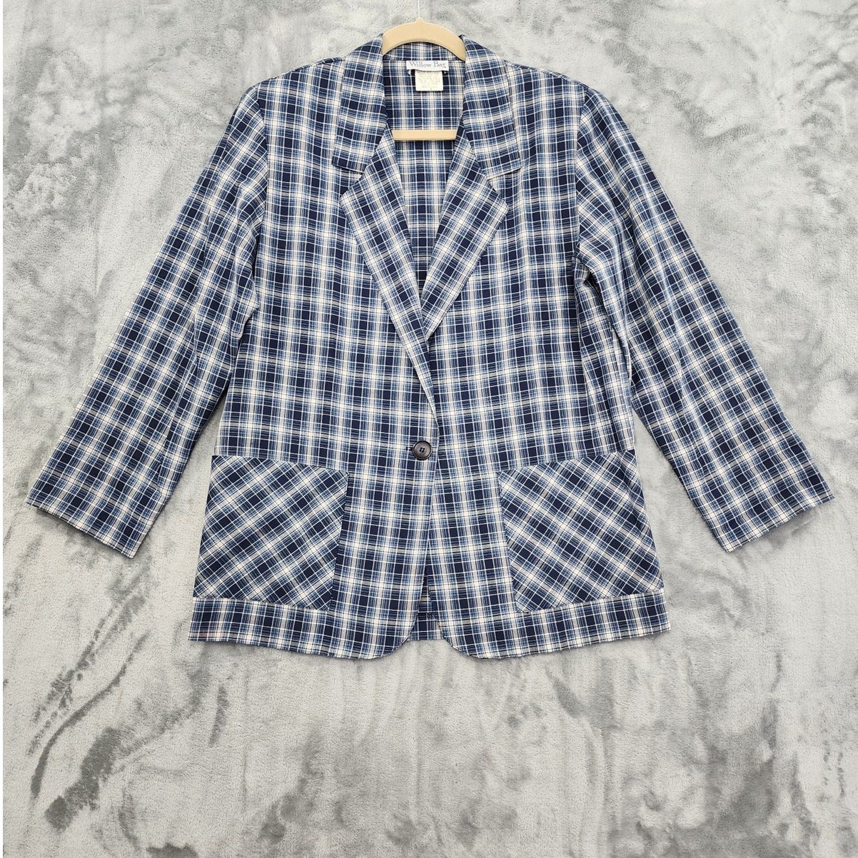 Vintage Willow Bay Blazer Womens M Blue White Plaid Linen Blend Single-Button