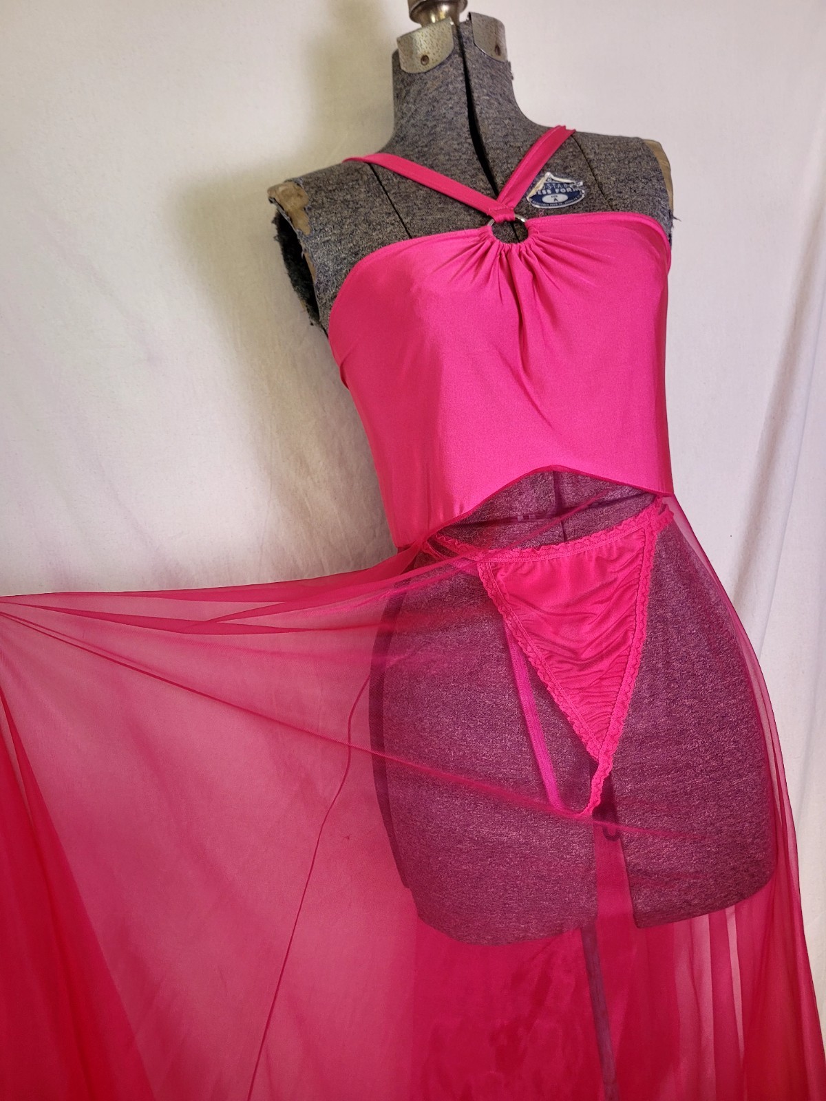 Vintage 90s Y2K Deadstock Plus Size Maxi Lingerie Halter Dress Hot Pink 1x/2x