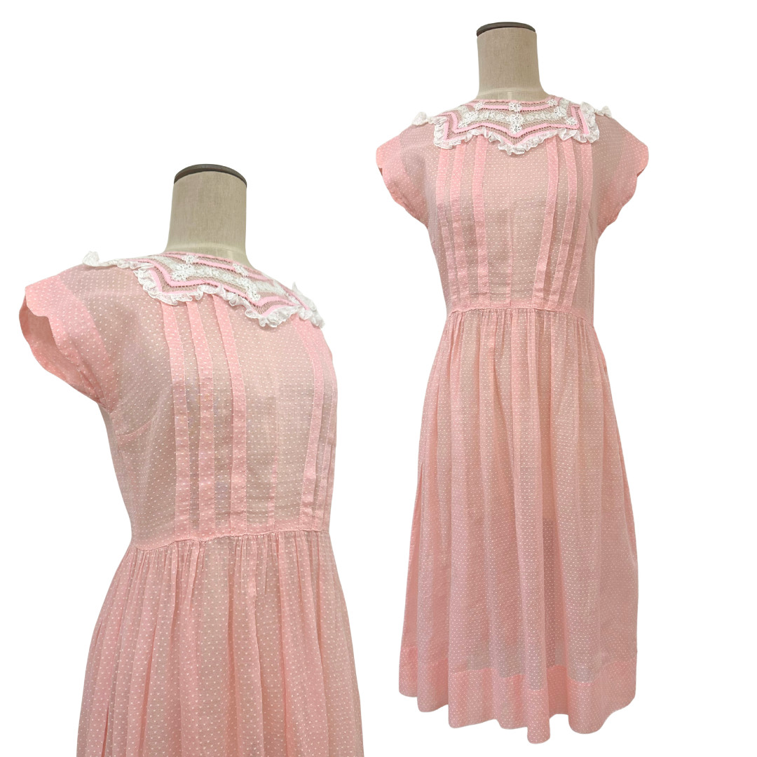Vintage 1930s Pink Dotted Swiss Semi Sheer Fit n Flare Day Dress