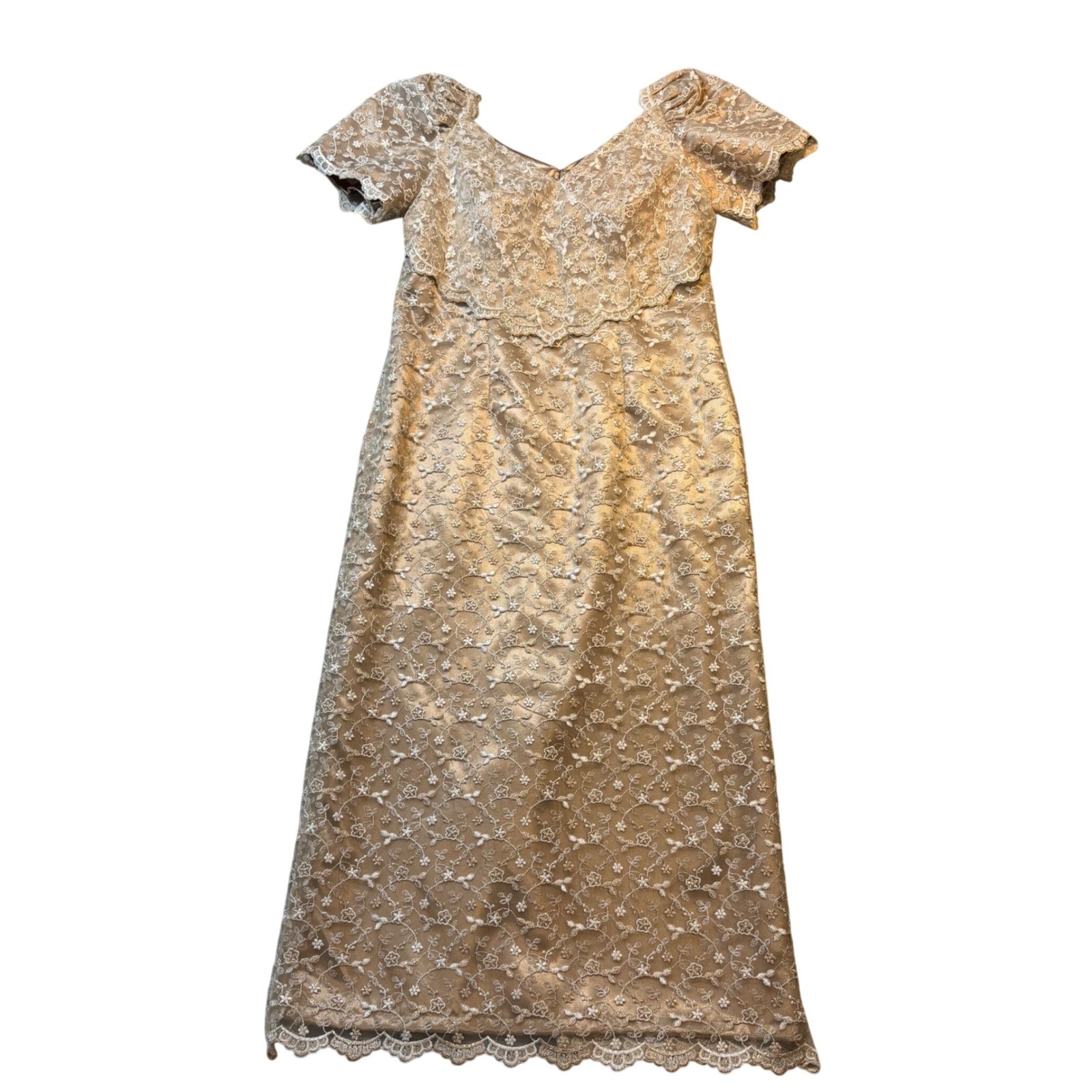 Vintage 90s Champagne Gold Lace Floral Maxi Dress Sweetheart Formal Gown 10