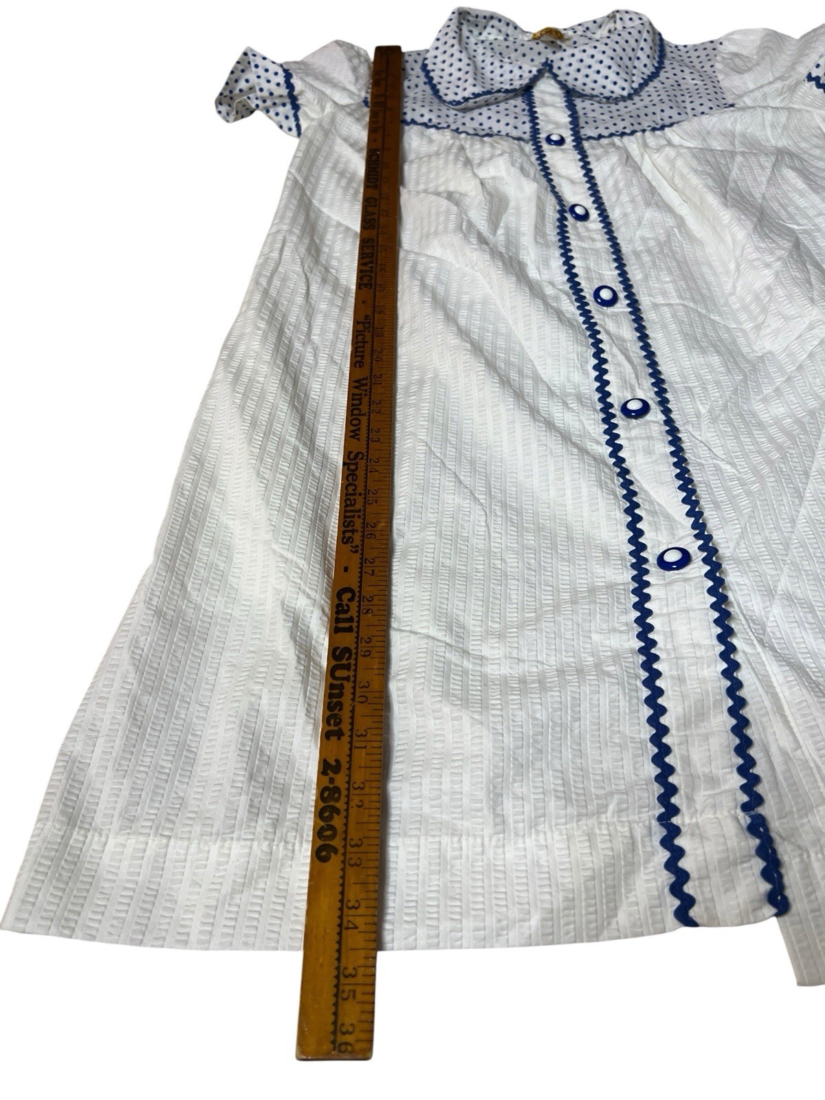 Vintage Nightgown House Dress White Blue Polka Dot Rick Rack Peter Pan Collar