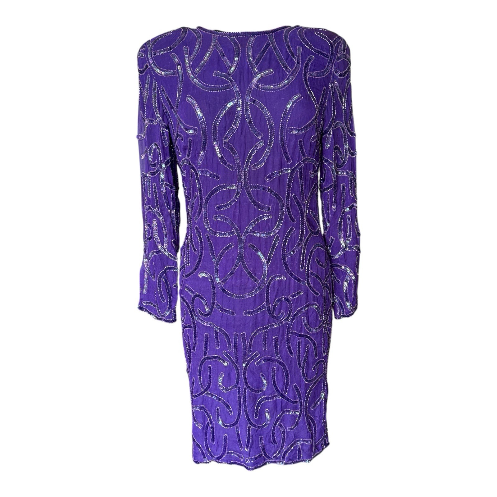 Vintage Carina Purple 100% Silk Beaded Long Sleeve Mini Dress