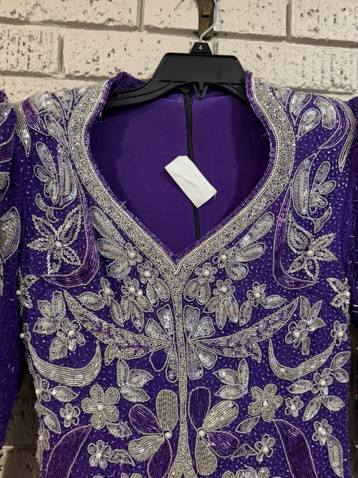 80S Vintage Sequin Imports 100% Silk Purple And Silver Beaded Ball Gown. READ