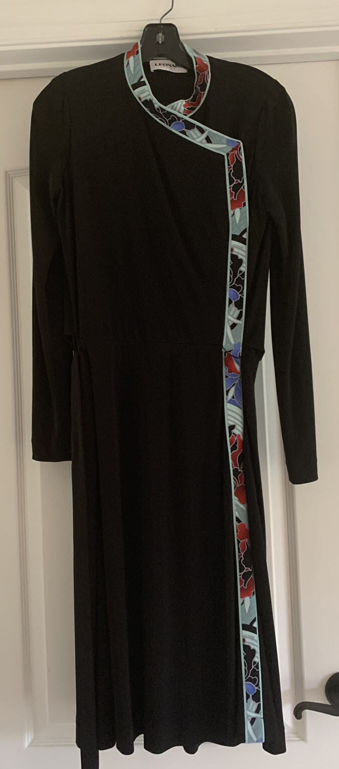 Vintage Leonard Paris Black Jersey Knit Dress With Silk Logo Trim, Sz 38 / US 6