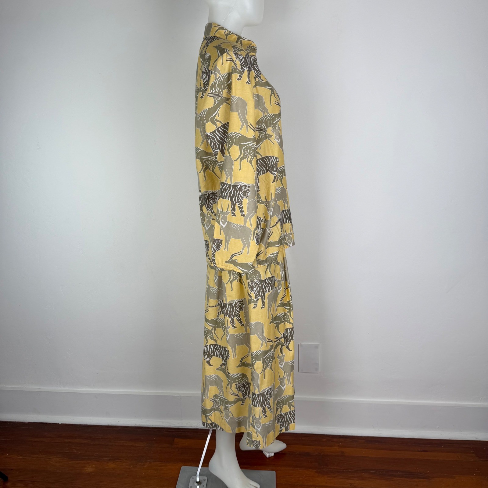 Vintage 80s Lorch Safari Print Top Skirt Set Yellow Cotton Animal Print Belted
