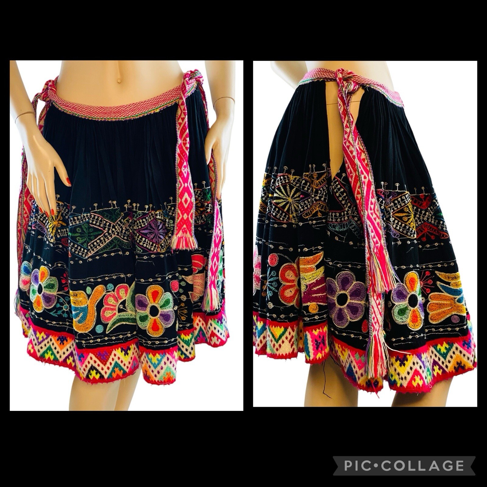 Vintage Peruvian Embroidered Wool Festival Costume Pollera Skirt Looks Handmade