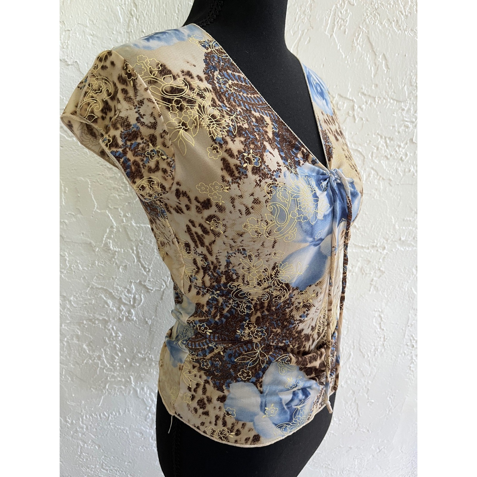 Vintage Rave Y2K Mixed Print Top Blue Rose Leopard Paisley V-Neck Tie Front M