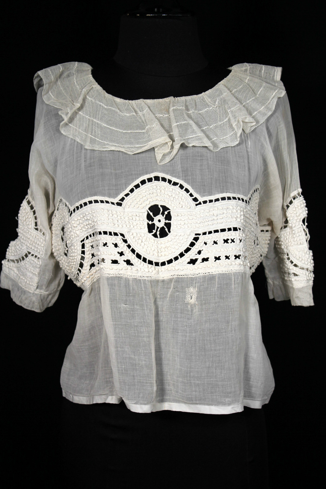 RARE FRENCH ANTIQUE VICTORIAN-EDWARDIAN ERA TEA COLOR COTTON LACE BLOUSE SIZE 40