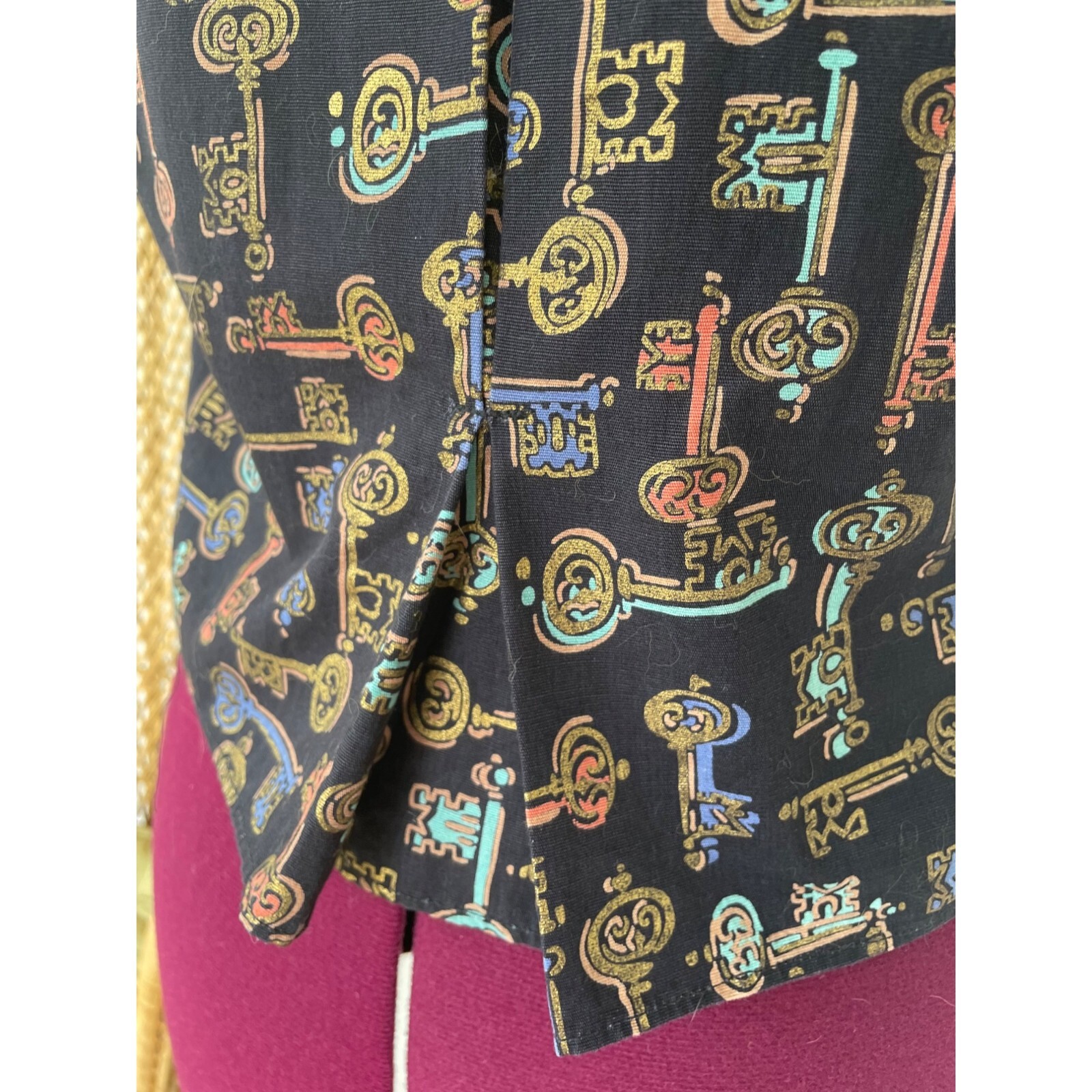 Vintage 1960s Skeleton Key Print Blouse With Puff Sleeves Black Grosgrain Size S